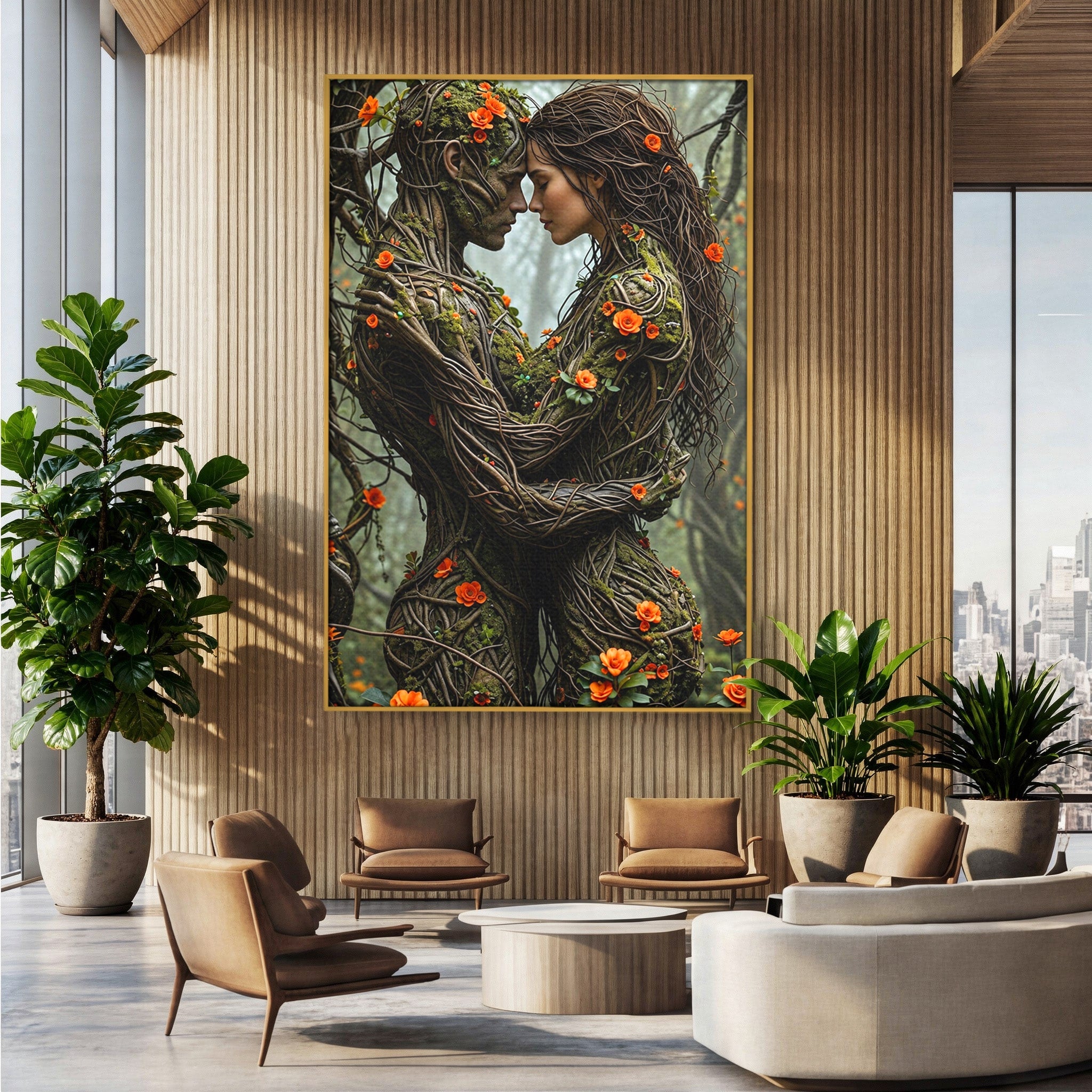 Tablou Canvas Premium LuxCanva® U1129, Îmbrățișarea Elementelor, Cuplu, Natura, Trunchiuri, Flori, Living, Dormitor, Culori Vibrante