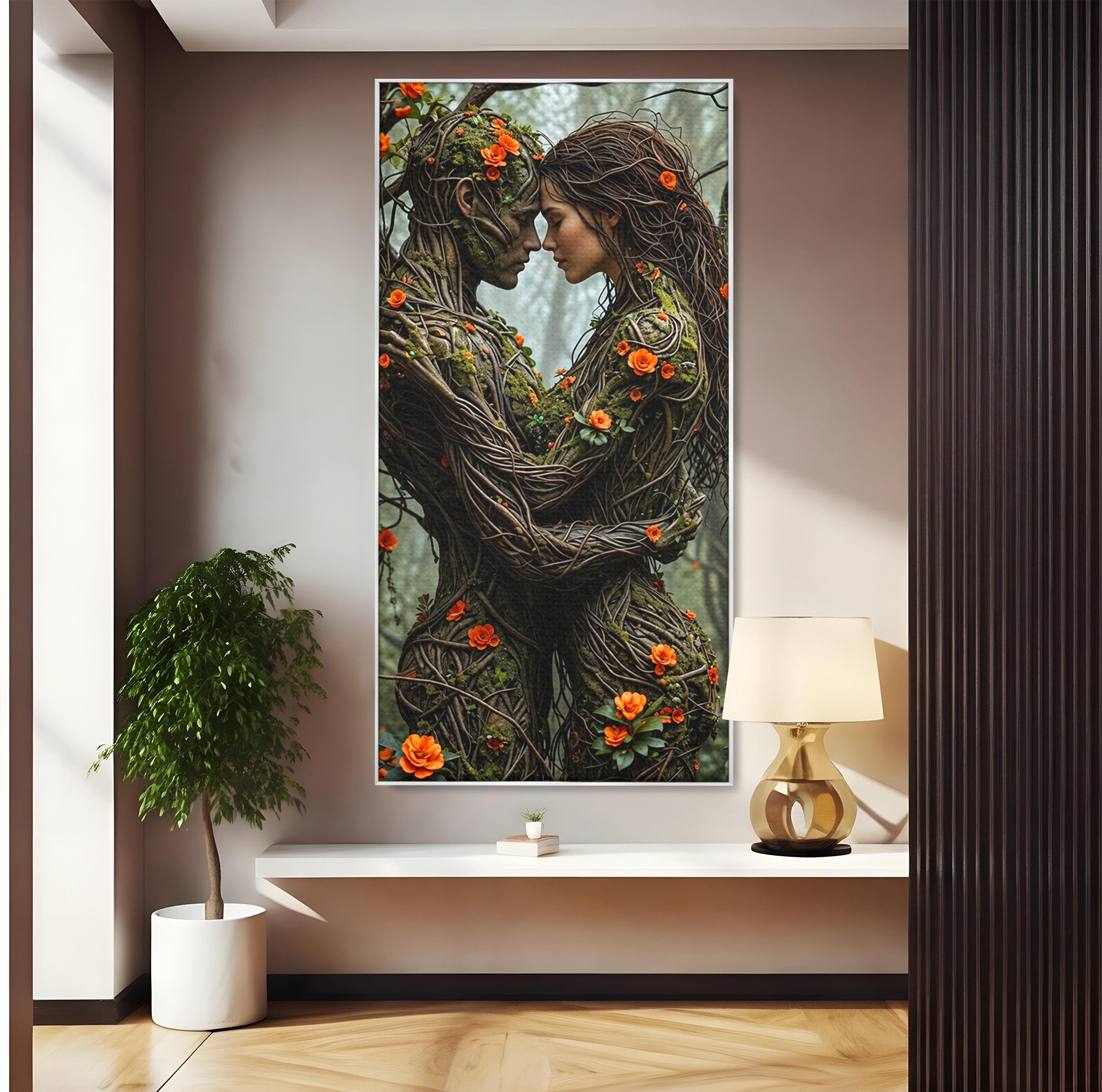 Tablou Canvas Premium LuxCanva® U1129, Îmbrățișarea Elementelor, Cuplu, Natura, Trunchiuri, Flori, Living, Dormitor, Culori Vibrante