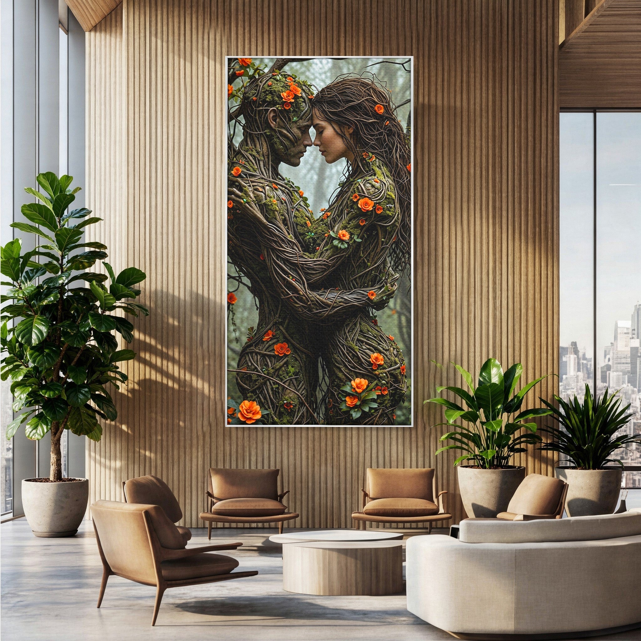 Tablou Canvas Premium LuxCanva® U1129, Îmbrățișarea Elementelor, Cuplu, Natura, Trunchiuri, Flori, Living, Dormitor, Culori Vibrante