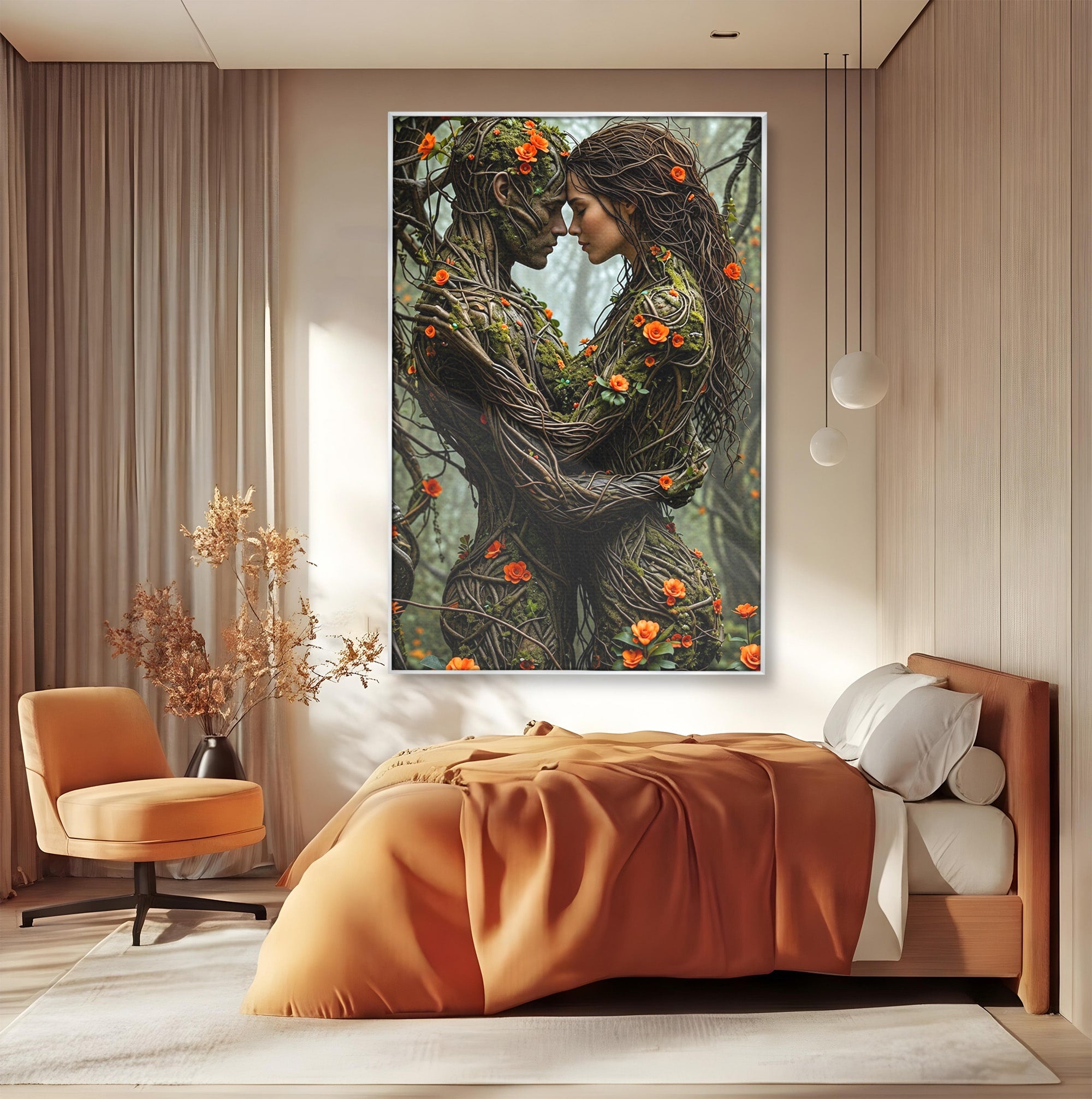Tablou Canvas Premium LuxCanva® U1129, Îmbrățișarea Elementelor, Cuplu, Natura, Trunchiuri, Flori, Living, Dormitor, Culori Vibrante