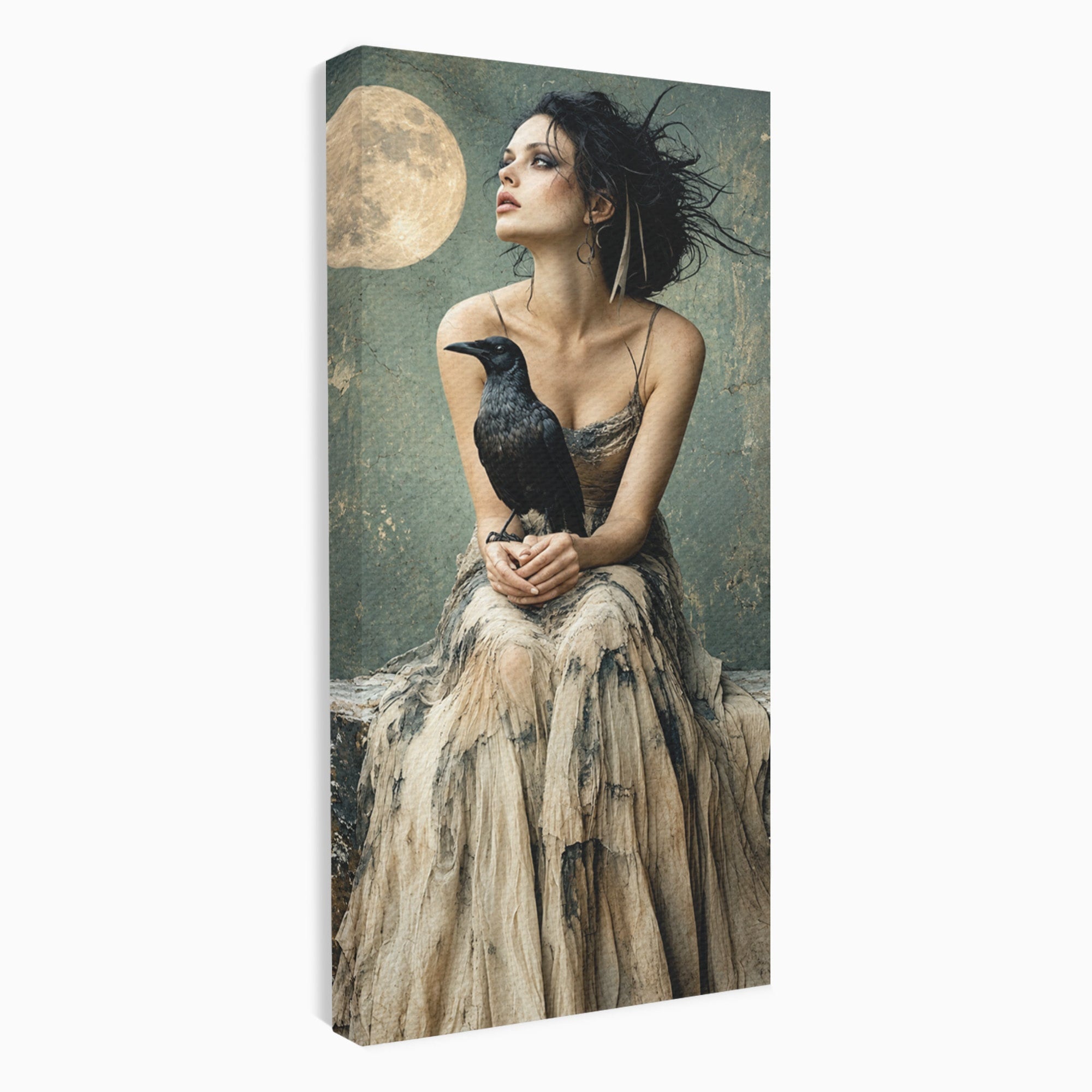 Tablou Canvas Premium LuxCanva® U1130, Femeie Cu Corb La Luna Plina, Noapte, Mister, Femeie, Corb, Luna, Living, Dormitor, Culori Vibrante