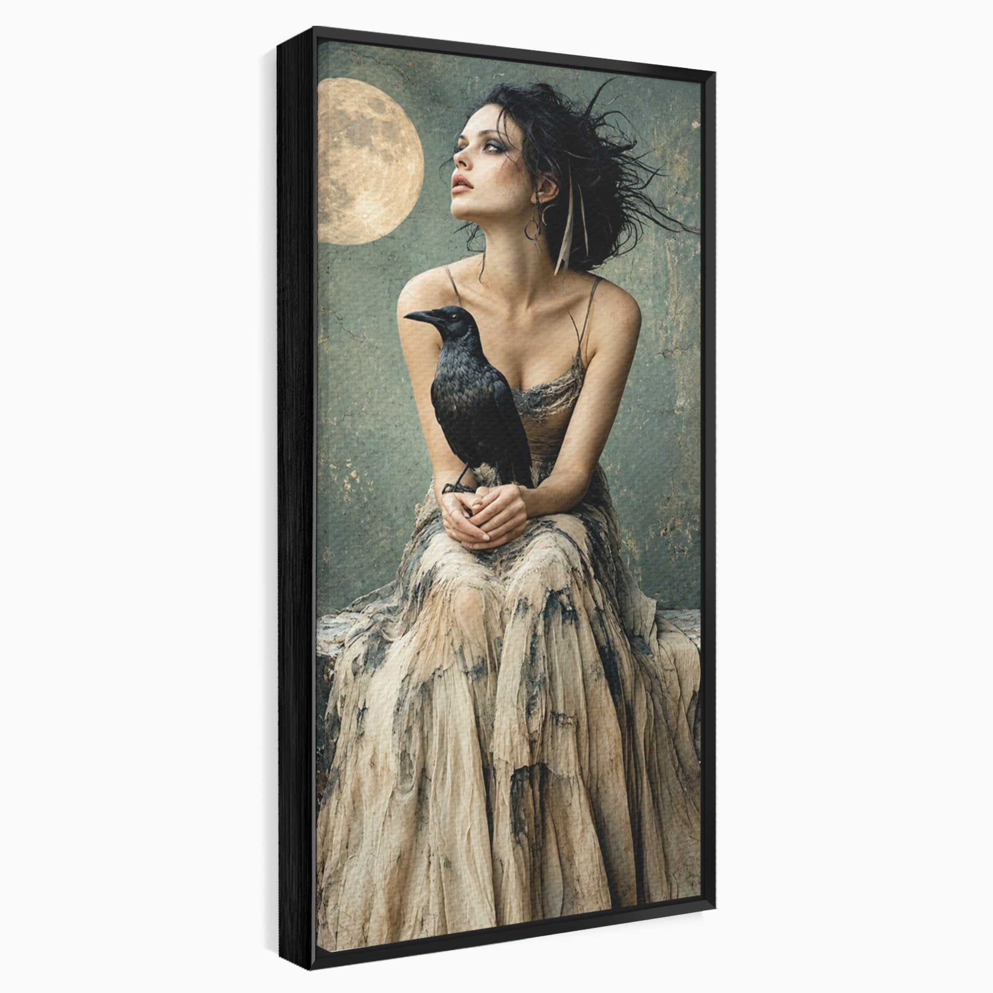 Tablou Canvas Premium LuxCanva® U1130, Femeie Cu Corb La Luna Plina, Noapte, Mister, Femeie, Corb, Luna, Living, Dormitor, Culori Vibrante