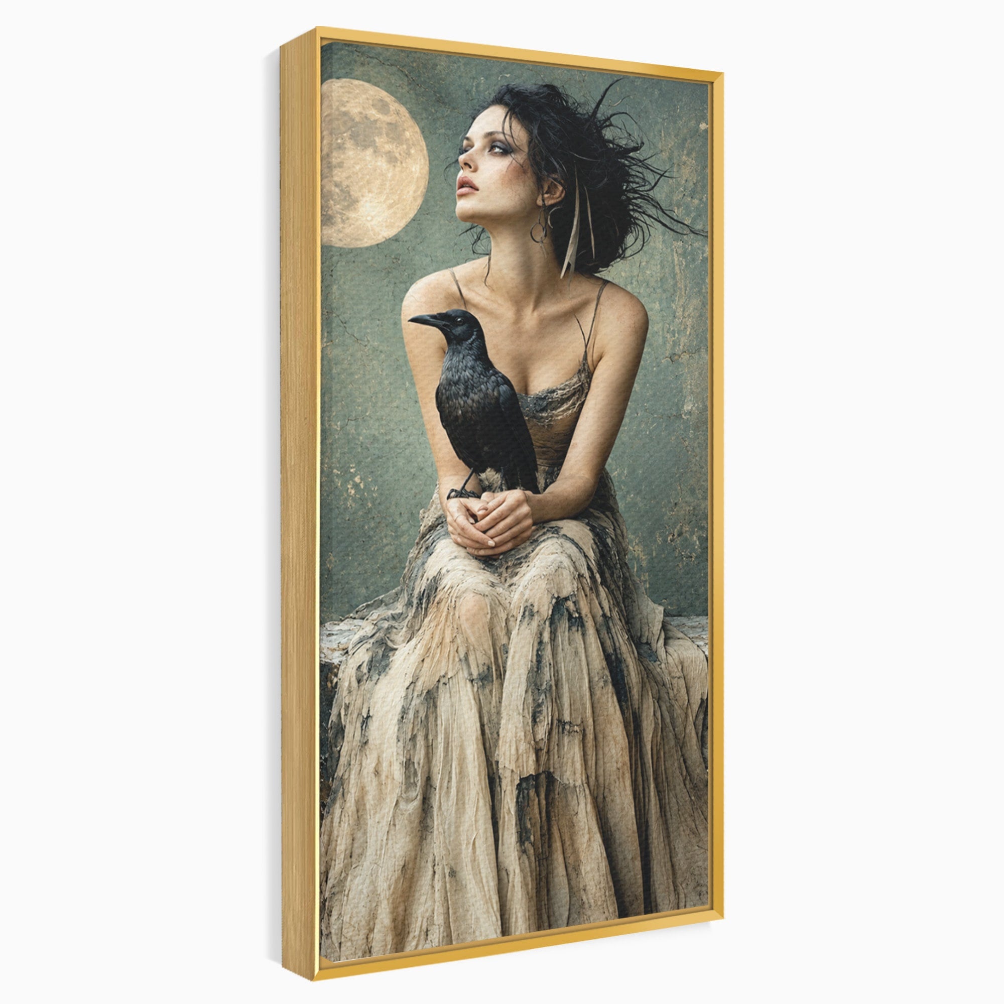 Tablou Canvas Premium LuxCanva® U1130, Femeie Cu Corb La Luna Plina, Noapte, Mister, Femeie, Corb, Luna, Living, Dormitor, Culori Vibrante
