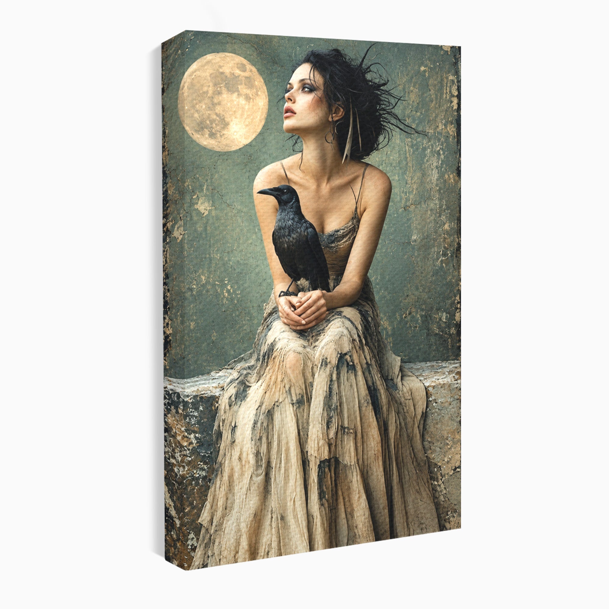 Tablou Canvas Premium LuxCanva® U1130, Femeie Cu Corb La Luna Plina, Noapte, Mister, Femeie, Corb, Luna, Living, Dormitor, Culori Vibrante