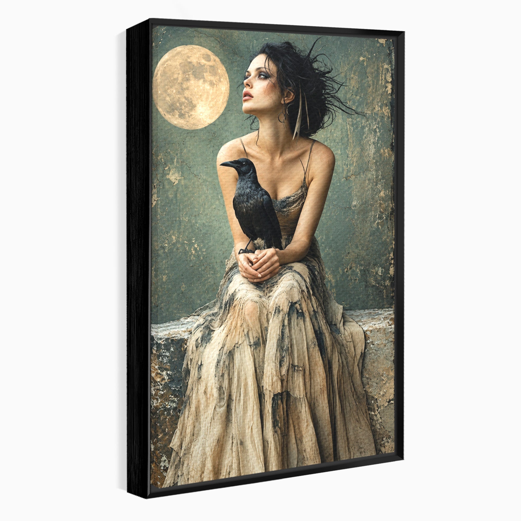 Tablou Canvas Premium LuxCanva® U1130, Femeie Cu Corb La Luna Plina, Noapte, Mister, Femeie, Corb, Luna, Living, Dormitor, Culori Vibrante