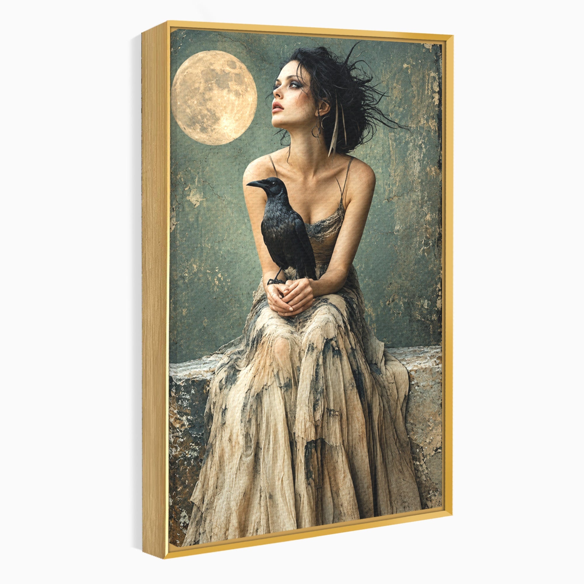 Tablou Canvas Premium LuxCanva® U1130, Femeie Cu Corb La Luna Plina, Noapte, Mister, Femeie, Corb, Luna, Living, Dormitor, Culori Vibrante