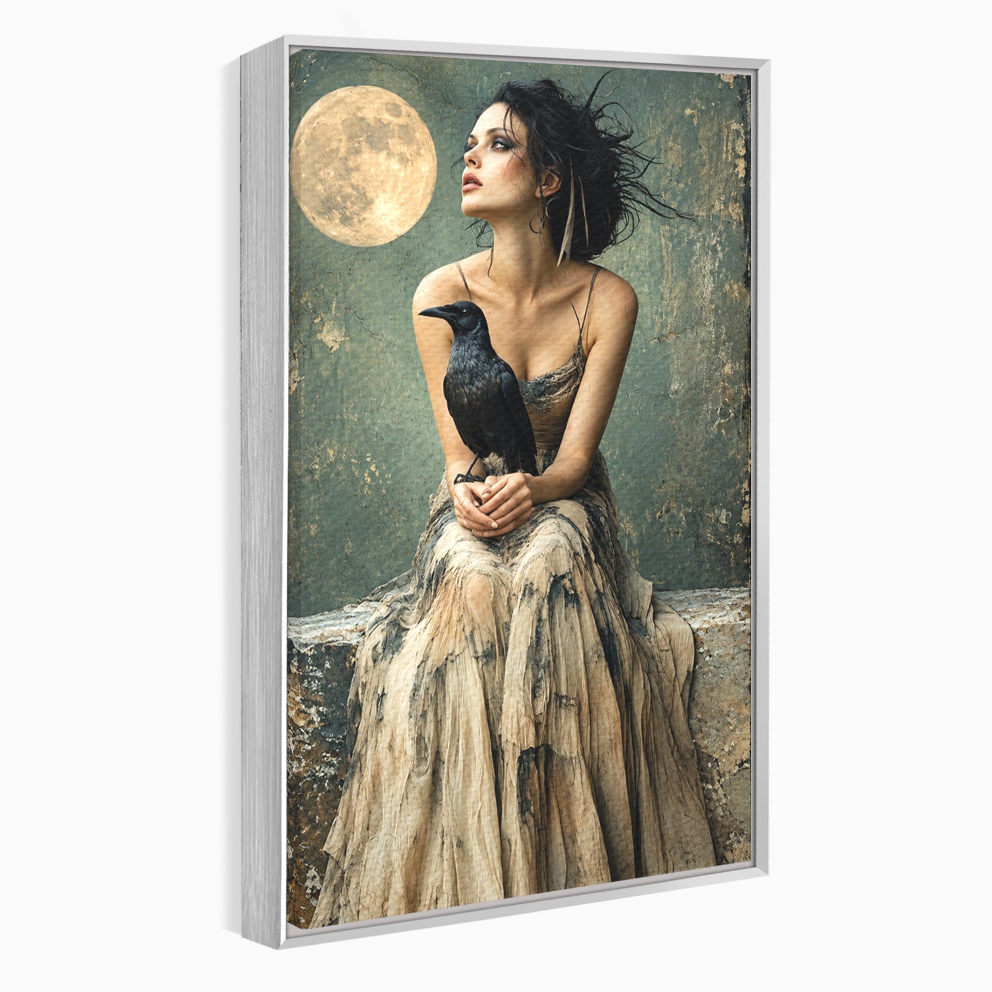 Tablou Canvas Premium LuxCanva® U1130, Femeie Cu Corb La Luna Plina, Noapte, Mister, Femeie, Corb, Luna, Living, Dormitor, Culori Vibrante