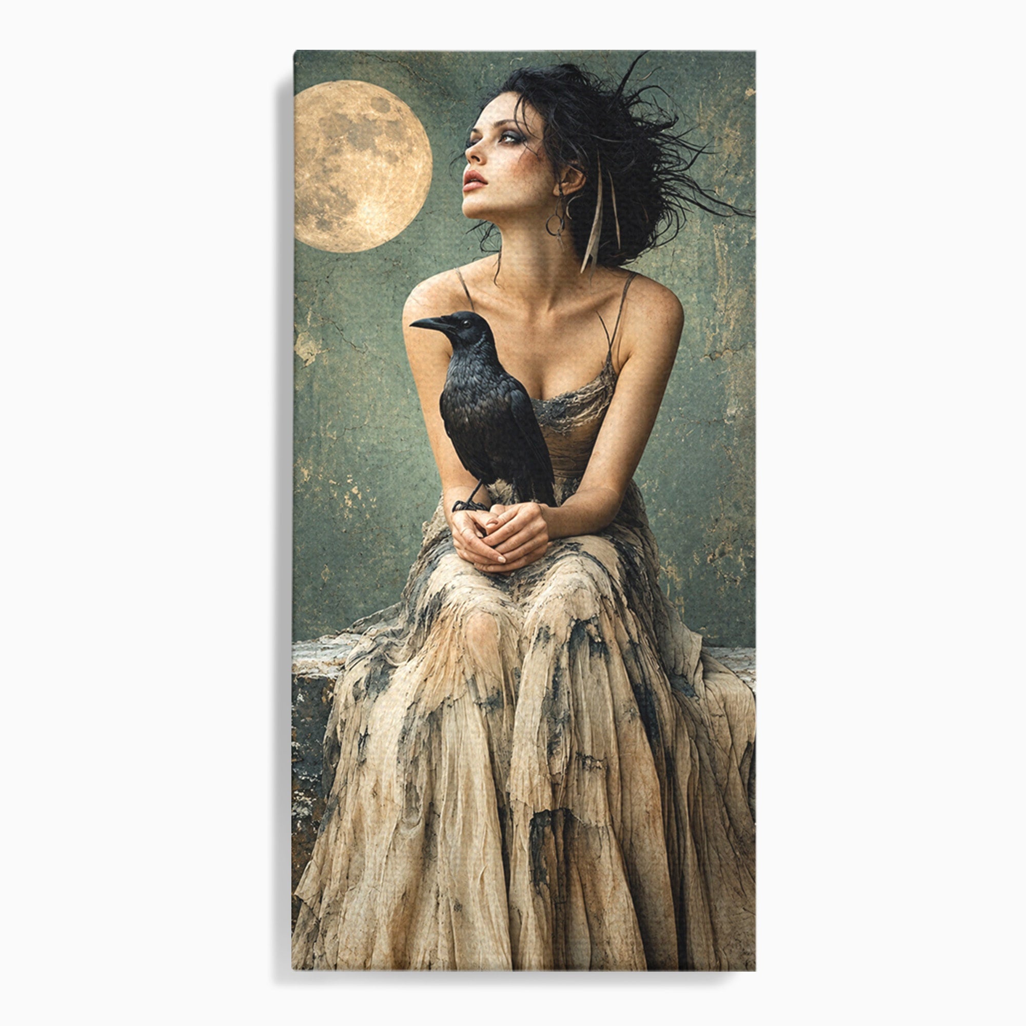 Tablou Canvas Premium LuxCanva® U1130, Femeie Cu Corb La Luna Plina, Noapte, Mister, Femeie, Corb, Luna, Living, Dormitor, Culori Vibrante