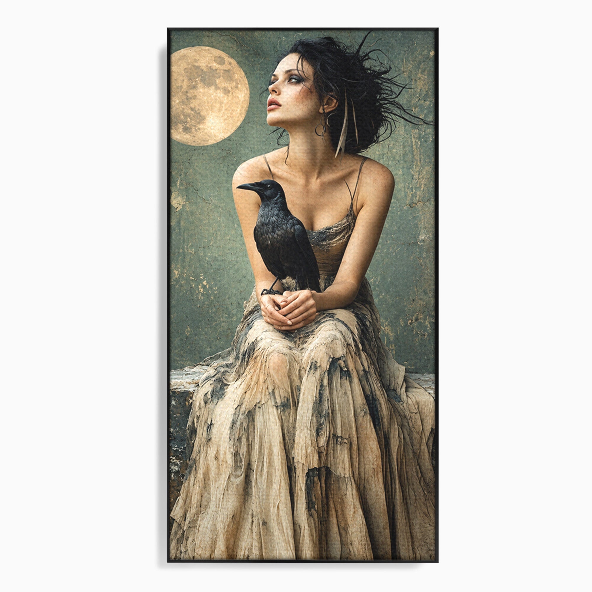 Tablou Canvas Premium LuxCanva® U1130, Femeie Cu Corb La Luna Plina, Noapte, Mister, Femeie, Corb, Luna, Living, Dormitor, Culori Vibrante
