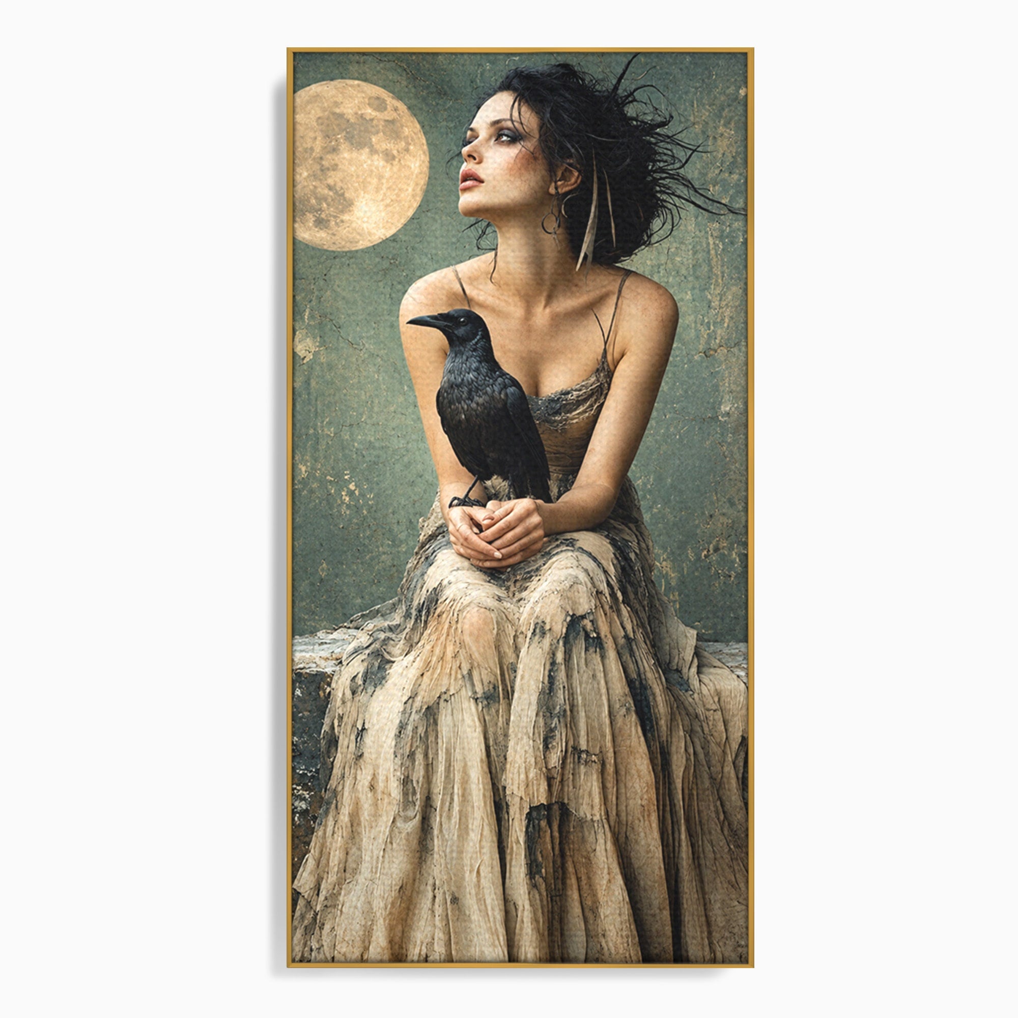 Tablou Canvas Premium LuxCanva® U1130, Femeie Cu Corb La Luna Plina, Noapte, Mister, Femeie, Corb, Luna, Living, Dormitor, Culori Vibrante