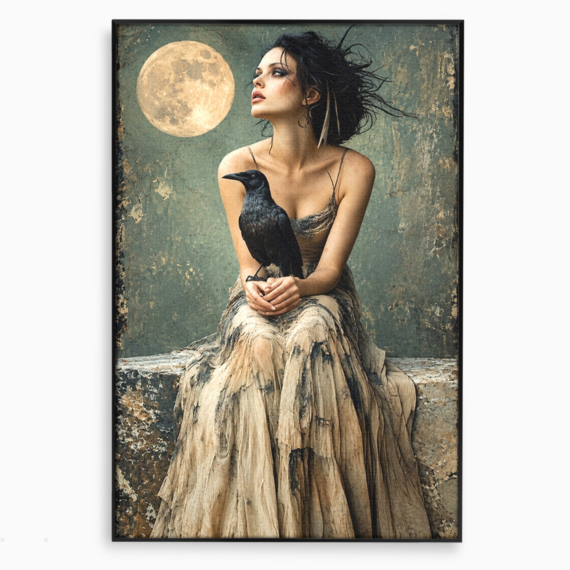 Tablou Canvas Premium LuxCanva® U1130, Femeie Cu Corb La Luna Plina, Noapte, Mister, Femeie, Corb, Luna, Living, Dormitor, Culori Vibrante