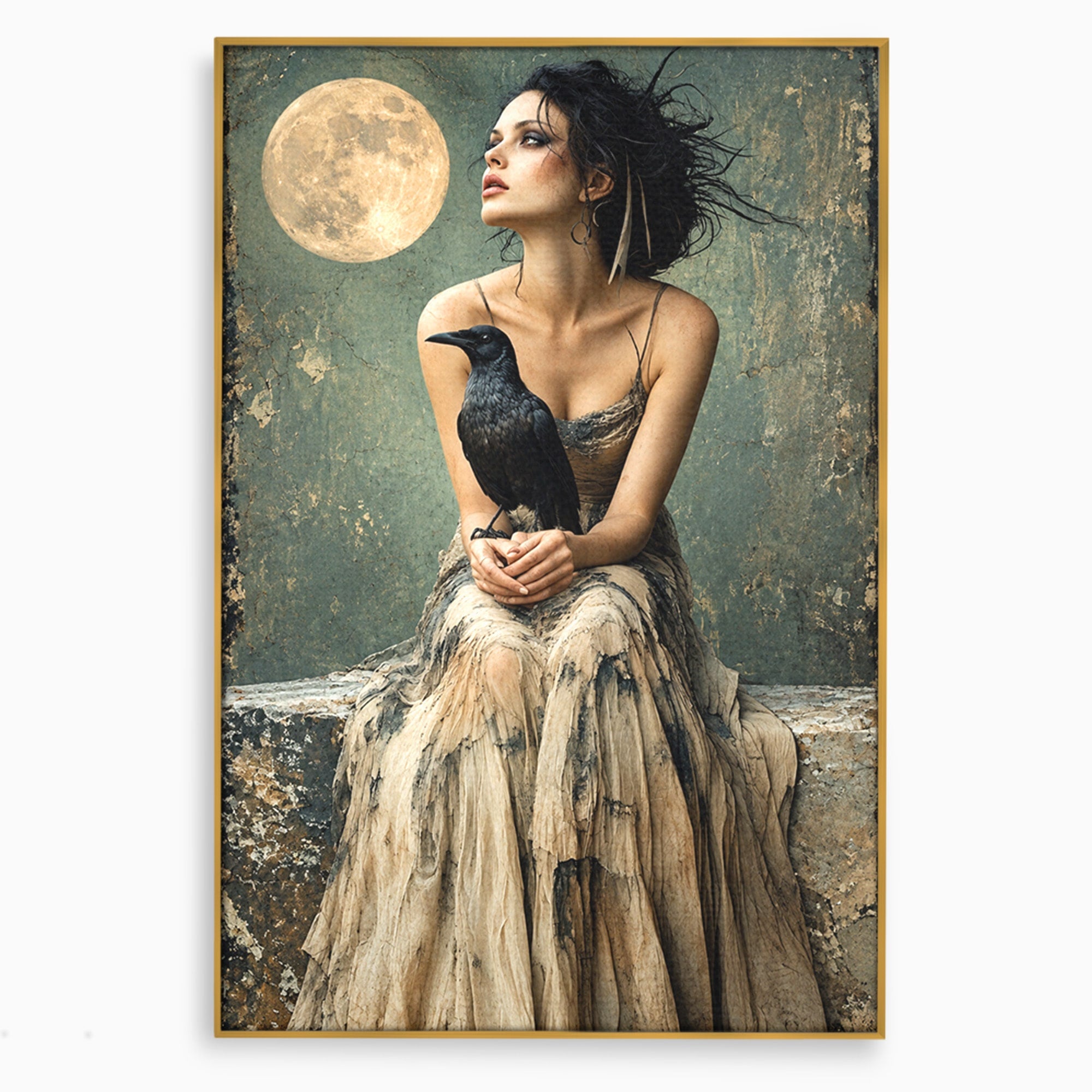 Tablou Canvas Premium LuxCanva® U1130, Femeie Cu Corb La Luna Plina, Noapte, Mister, Femeie, Corb, Luna, Living, Dormitor, Culori Vibrante