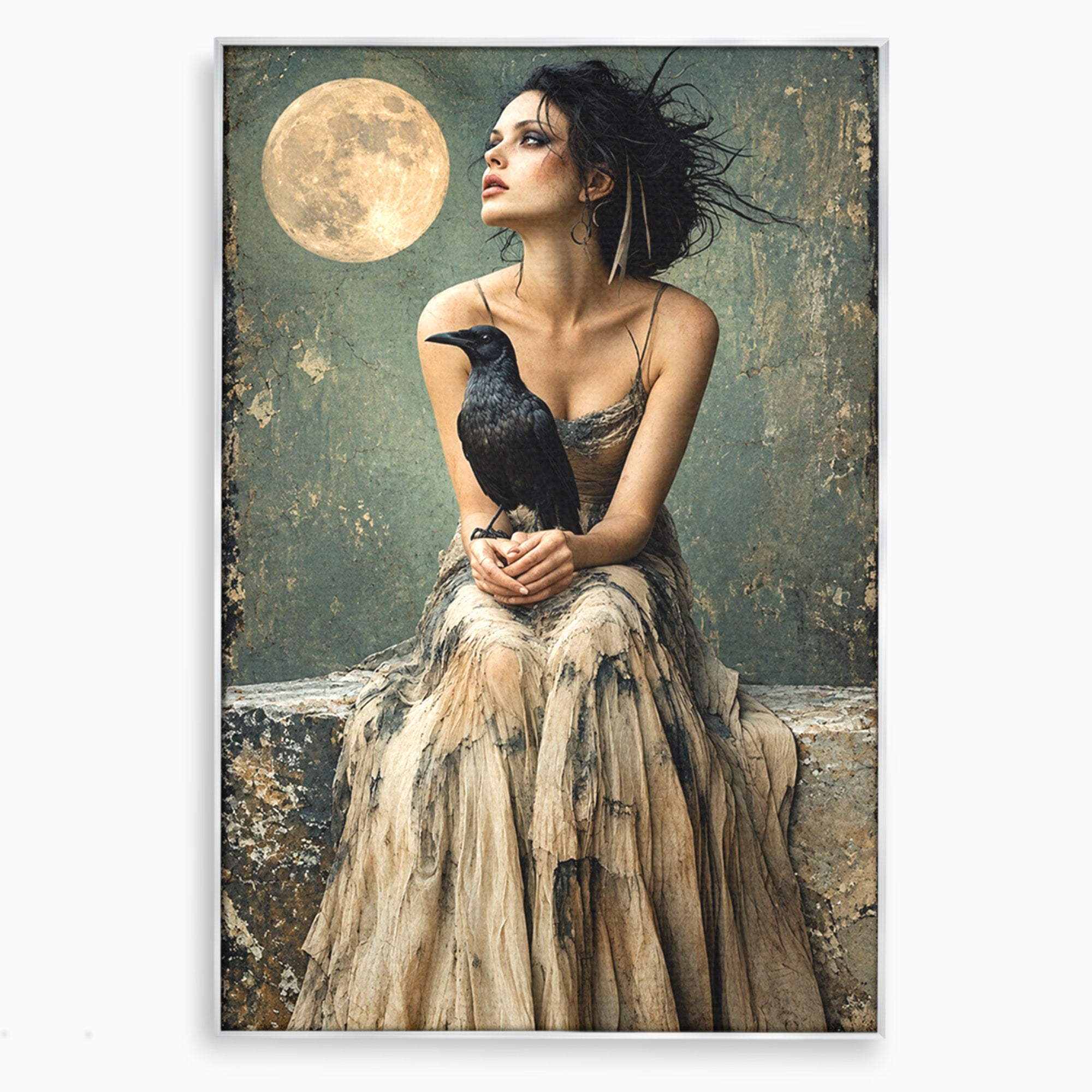 Tablou Canvas Premium LuxCanva® U1130, Femeie Cu Corb La Luna Plina, Noapte, Mister, Femeie, Corb, Luna, Living, Dormitor, Culori Vibrante