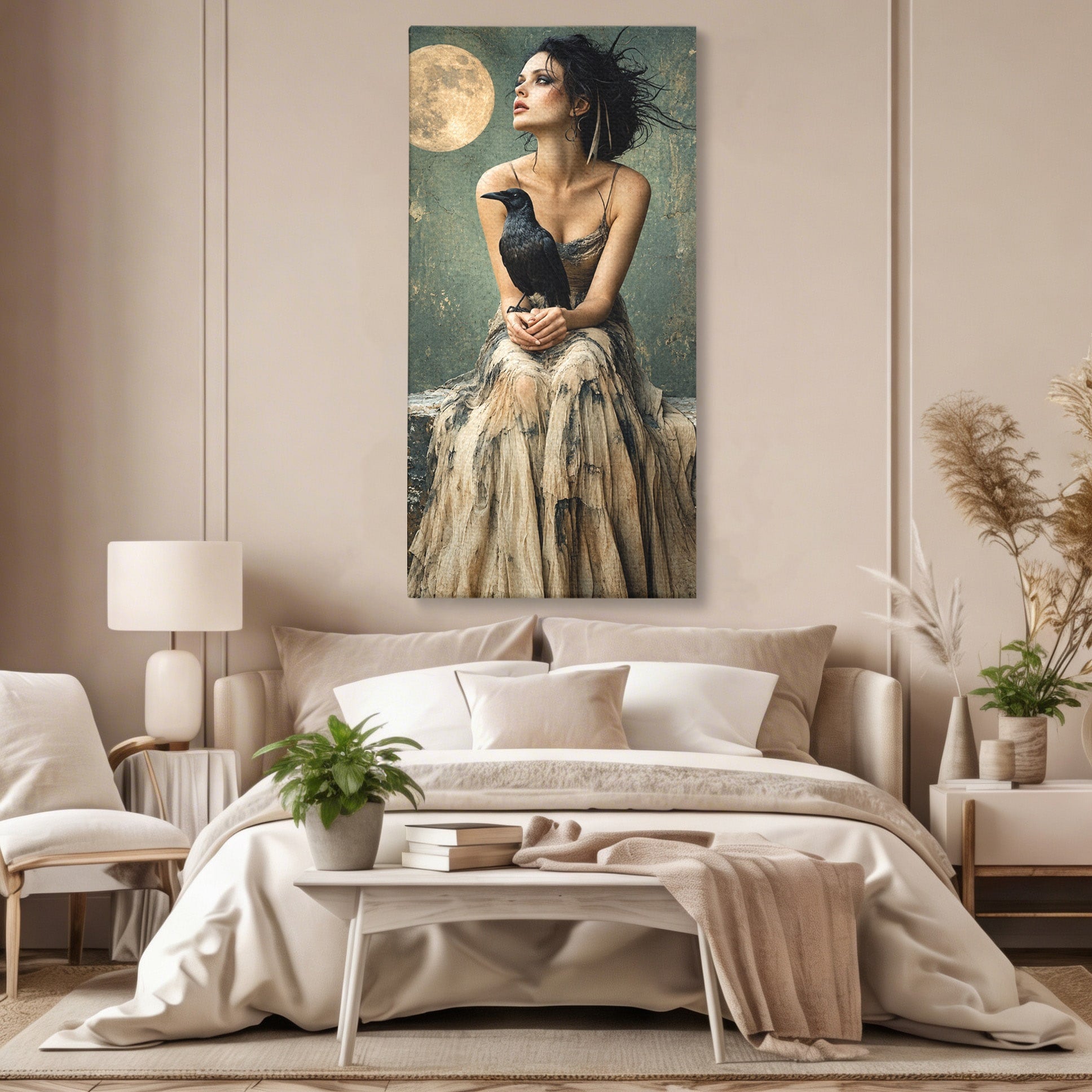Tablou Canvas Premium LuxCanva® U1130, Femeie Cu Corb La Luna Plina, Noapte, Mister, Femeie, Corb, Luna, Living, Dormitor, Culori Vibrante