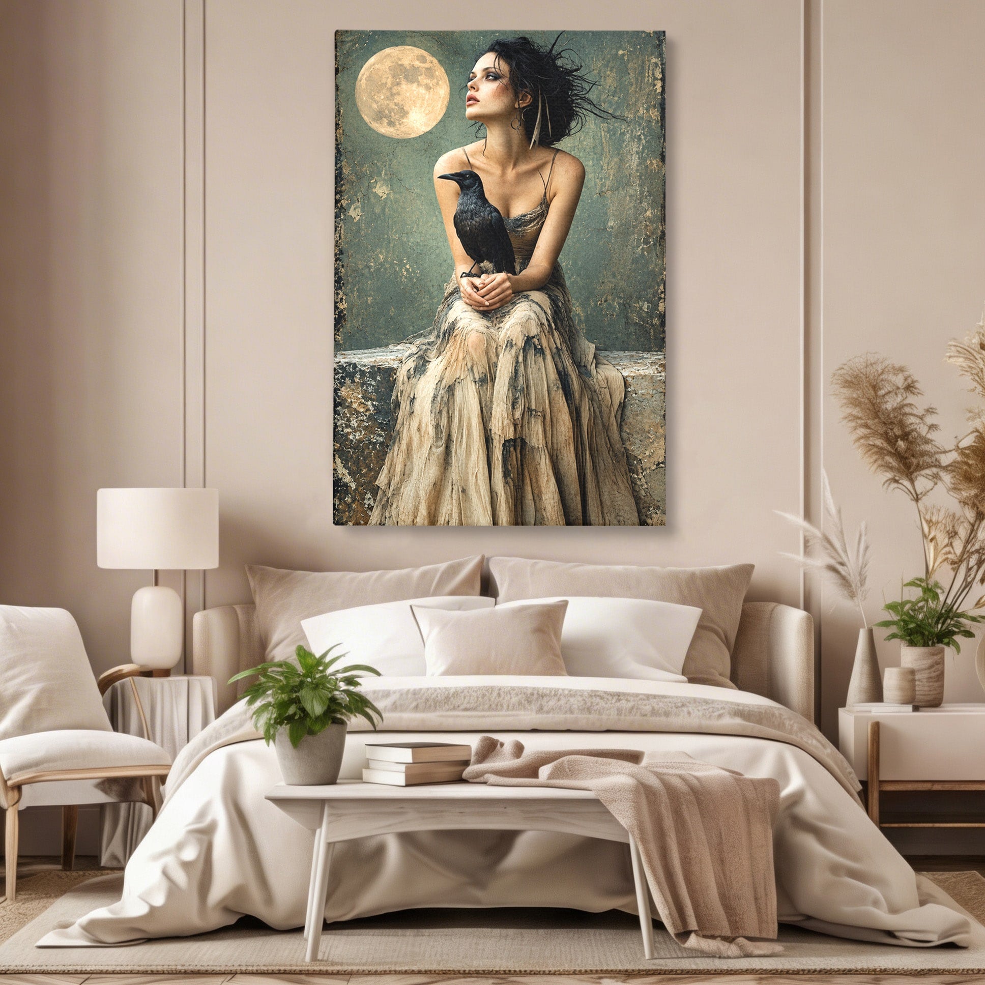 Tablou Canvas Premium LuxCanva® U1130, Femeie Cu Corb La Luna Plina, Noapte, Mister, Femeie, Corb, Luna, Living, Dormitor, Culori Vibrante