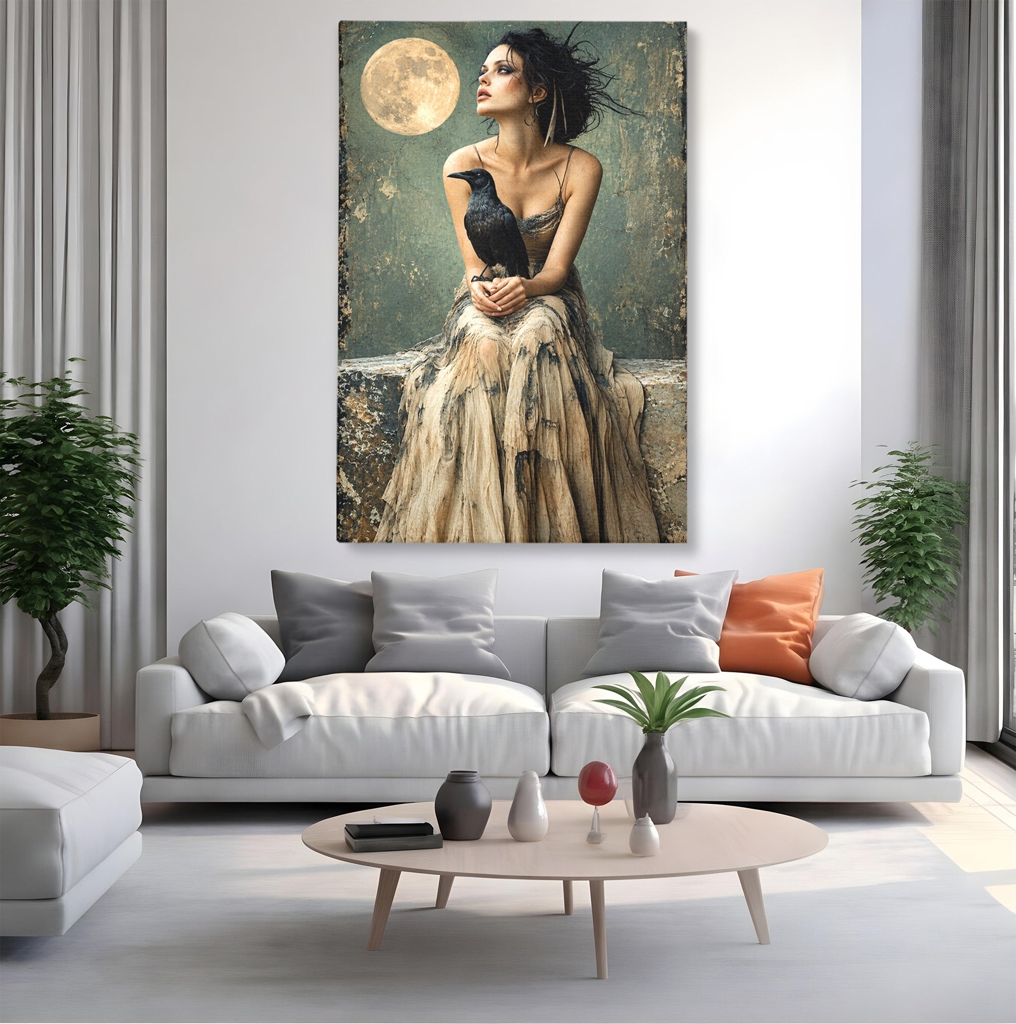 Tablou Canvas Premium LuxCanva® U1130, Femeie Cu Corb La Luna Plina, Noapte, Mister, Femeie, Corb, Luna, Living, Dormitor, Culori Vibrante
