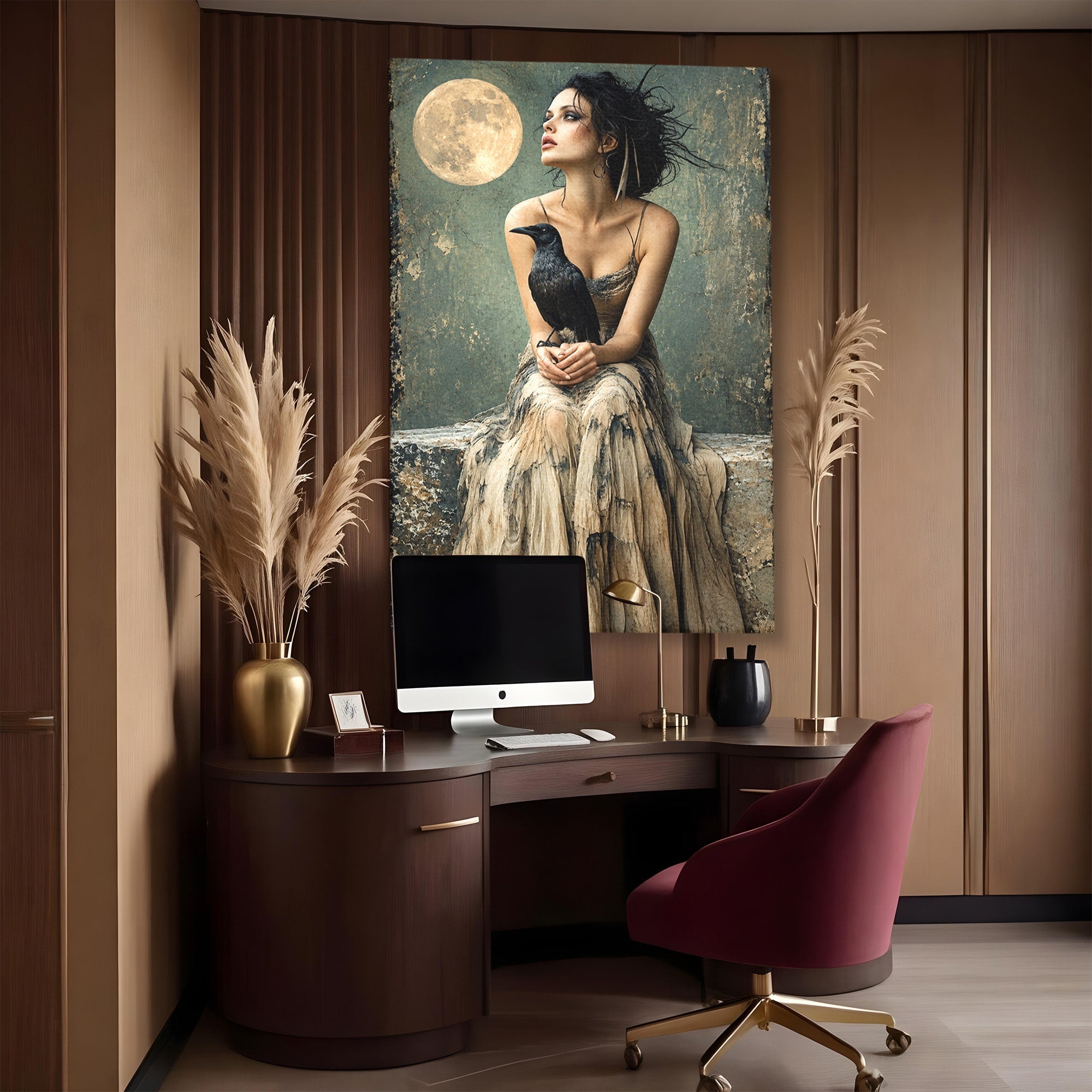 Tablou Canvas Premium LuxCanva® U1130, Femeie Cu Corb La Luna Plina, Noapte, Mister, Femeie, Corb, Luna, Living, Dormitor, Culori Vibrante