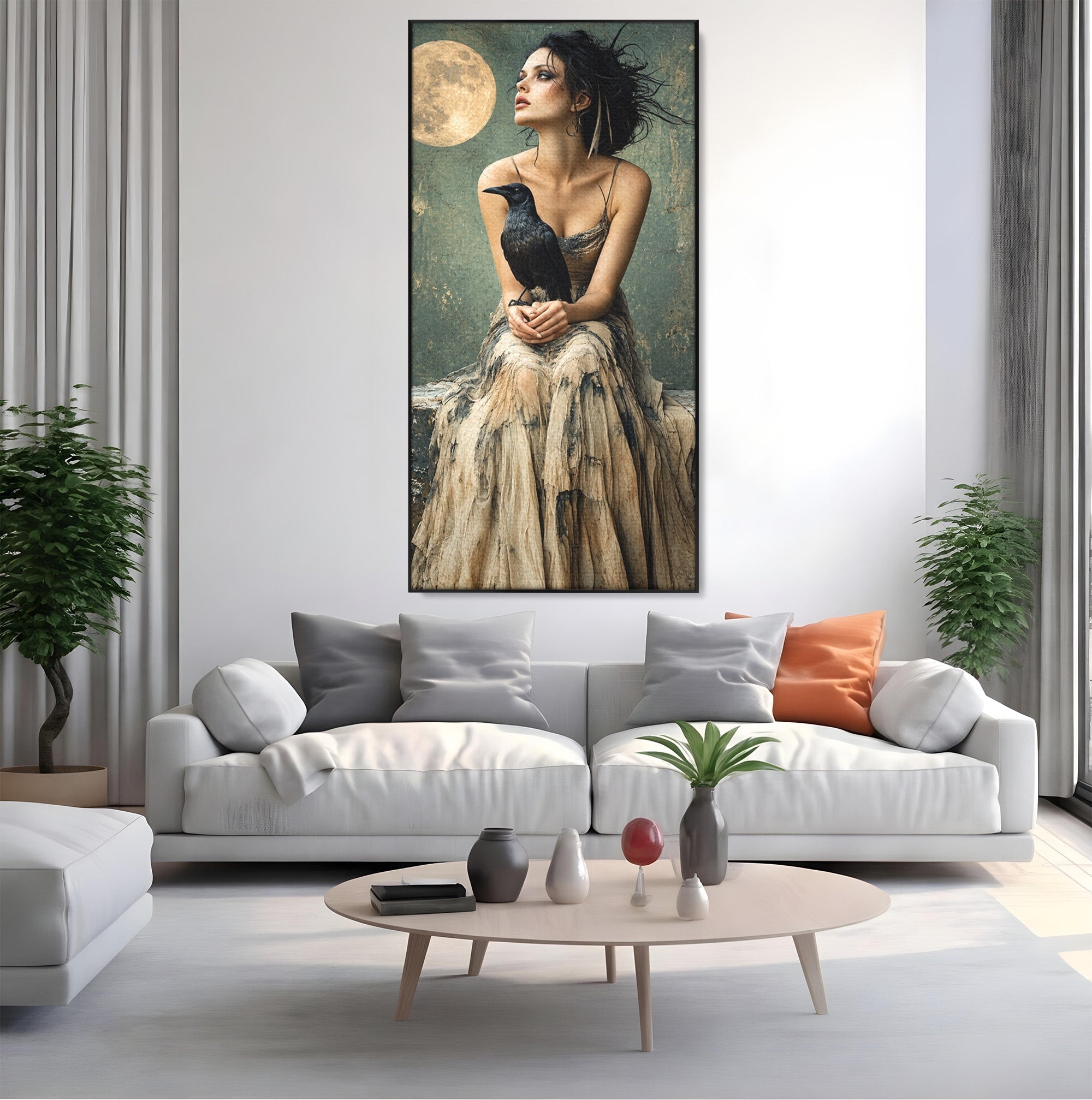 Tablou Canvas Premium LuxCanva® U1130, Femeie Cu Corb La Luna Plina, Noapte, Mister, Femeie, Corb, Luna, Living, Dormitor, Culori Vibrante
