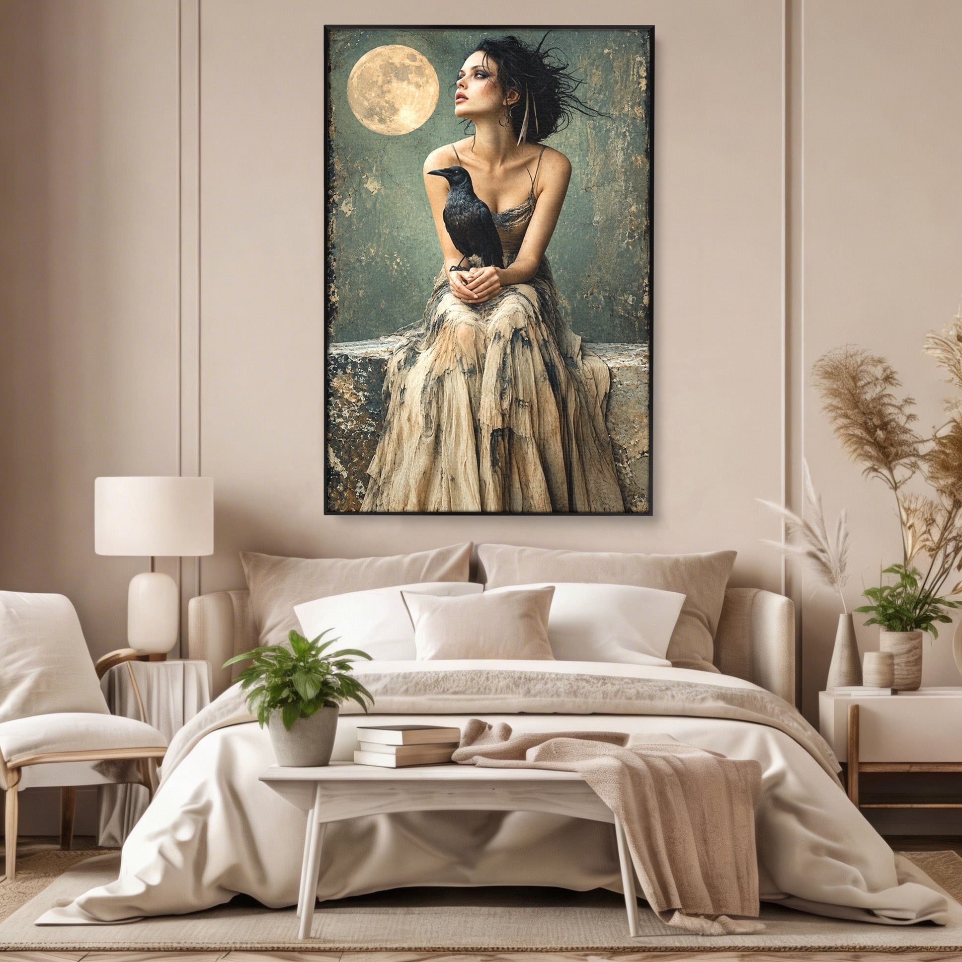 Tablou Canvas Premium LuxCanva® U1130, Femeie Cu Corb La Luna Plina, Noapte, Mister, Femeie, Corb, Luna, Living, Dormitor, Culori Vibrante