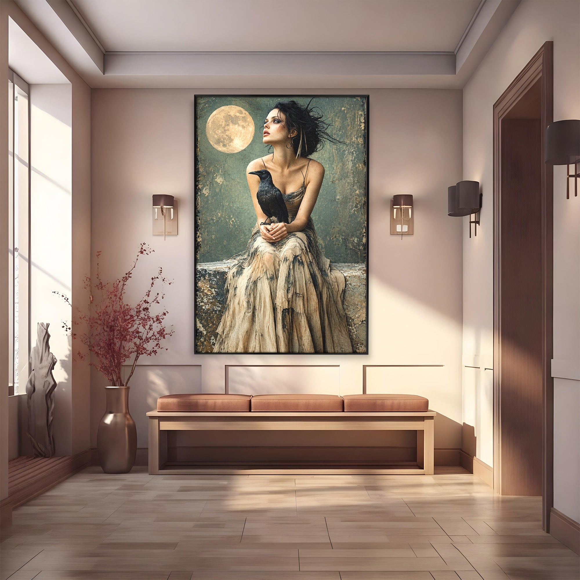 Tablou Canvas Premium LuxCanva® U1130, Femeie Cu Corb La Luna Plina, Noapte, Mister, Femeie, Corb, Luna, Living, Dormitor, Culori Vibrante