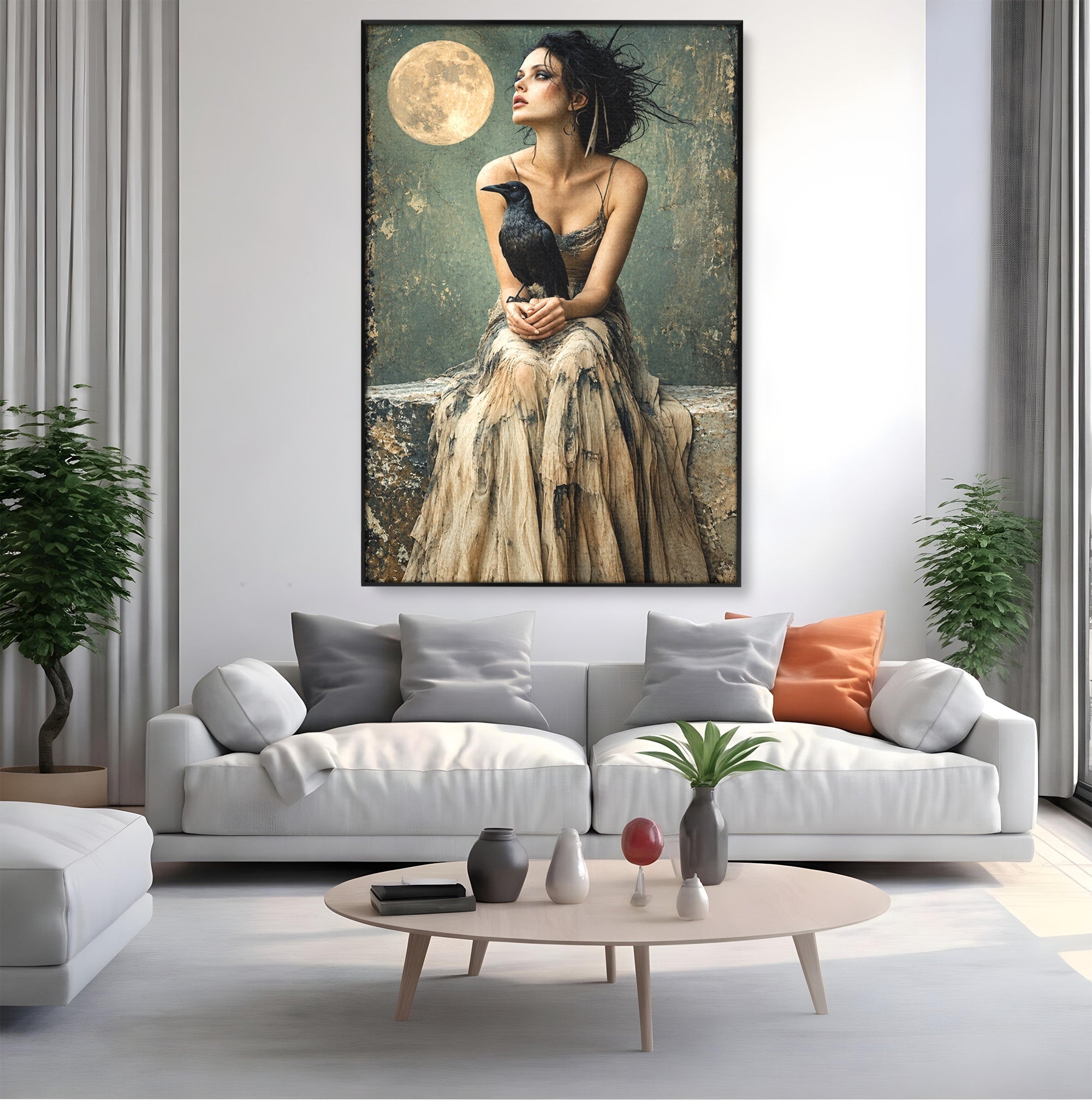 Tablou Canvas Premium LuxCanva® U1130, Femeie Cu Corb La Luna Plina, Noapte, Mister, Femeie, Corb, Luna, Living, Dormitor, Culori Vibrante