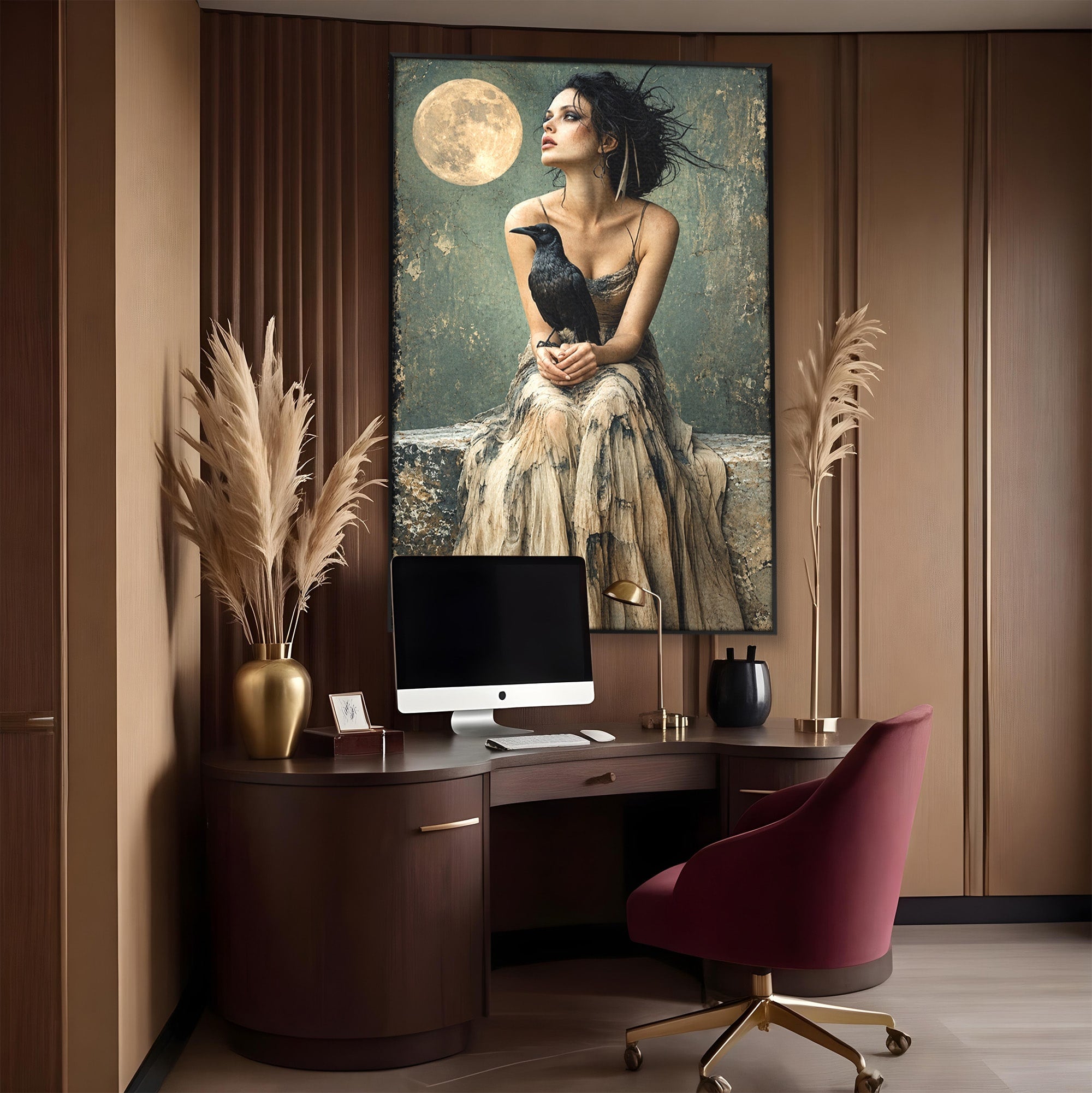 Tablou Canvas Premium LuxCanva® U1130, Femeie Cu Corb La Luna Plina, Noapte, Mister, Femeie, Corb, Luna, Living, Dormitor, Culori Vibrante