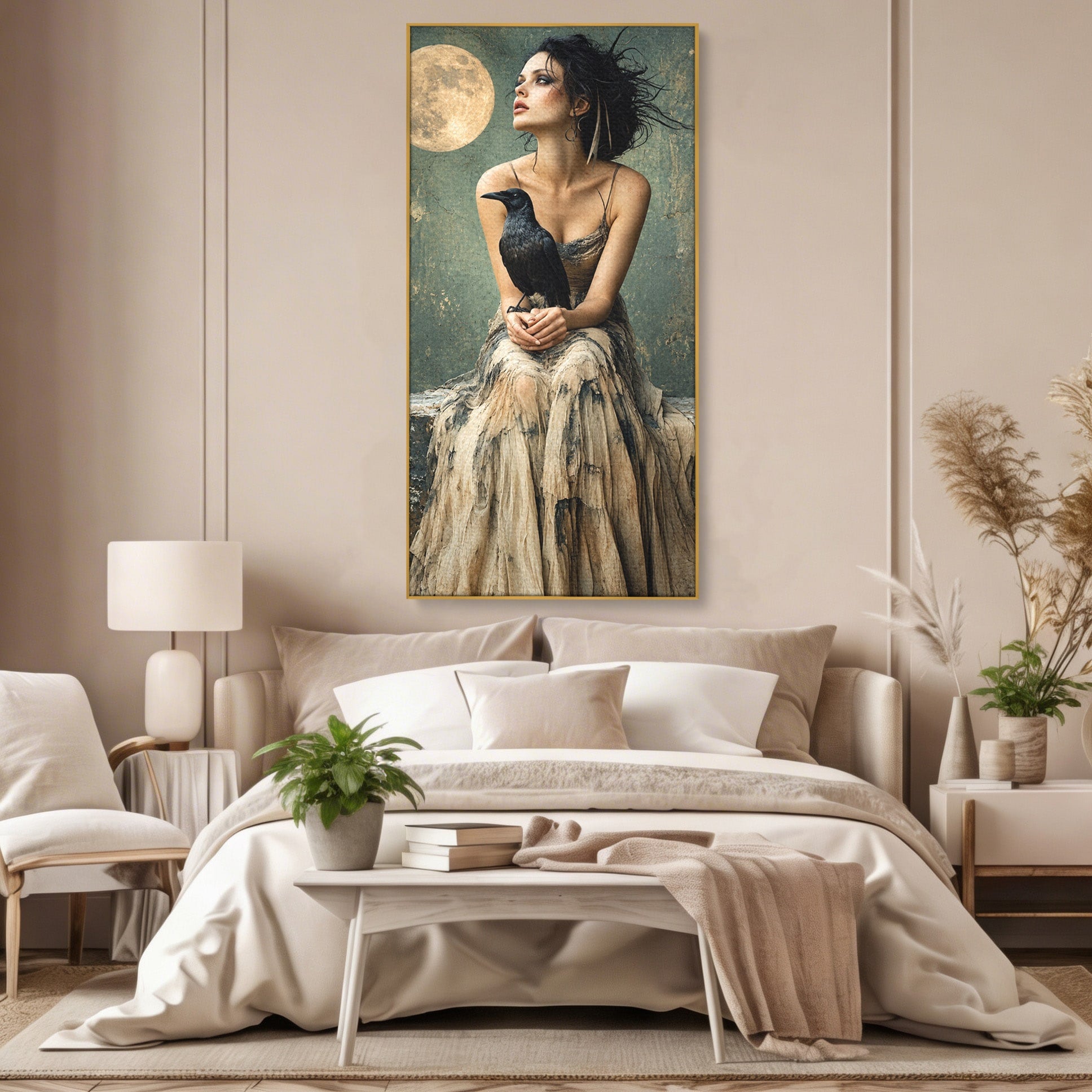 Tablou Canvas Premium LuxCanva® U1130, Femeie Cu Corb La Luna Plina, Noapte, Mister, Femeie, Corb, Luna, Living, Dormitor, Culori Vibrante