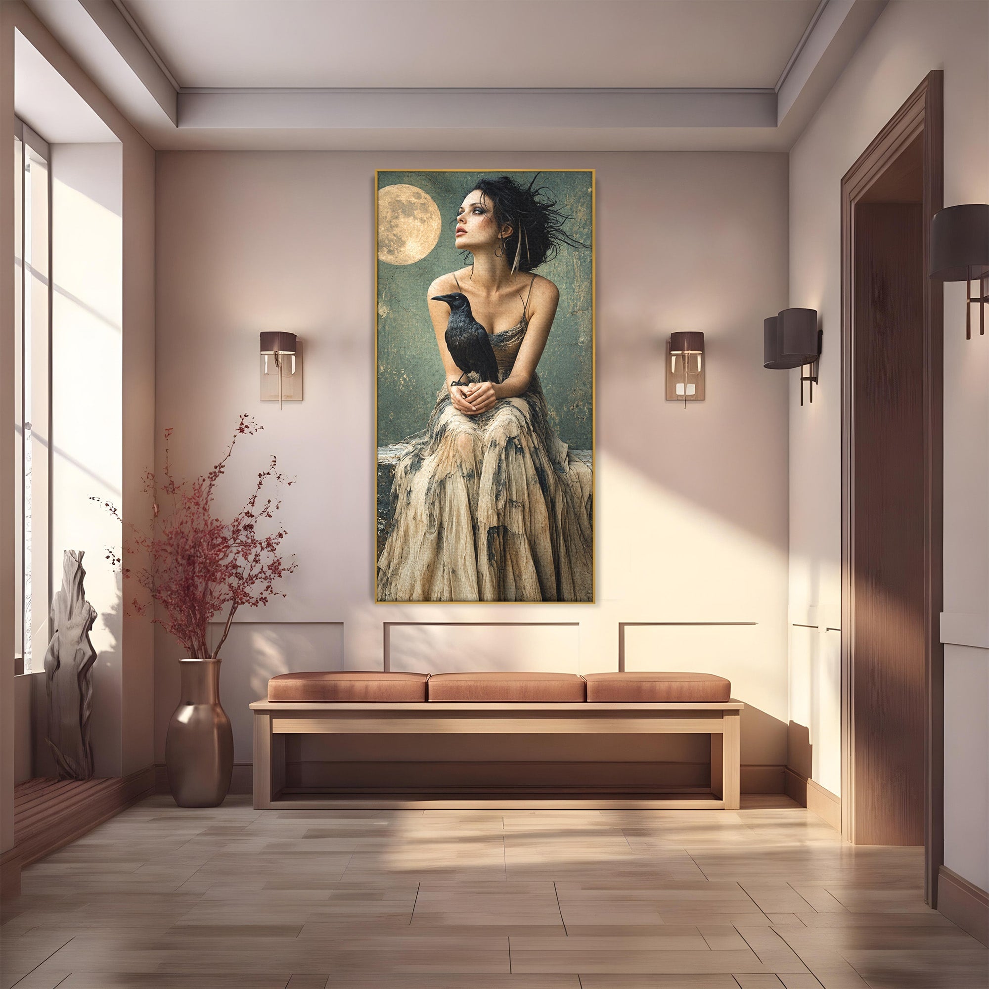 Tablou Canvas Premium LuxCanva® U1130, Femeie Cu Corb La Luna Plina, Noapte, Mister, Femeie, Corb, Luna, Living, Dormitor, Culori Vibrante