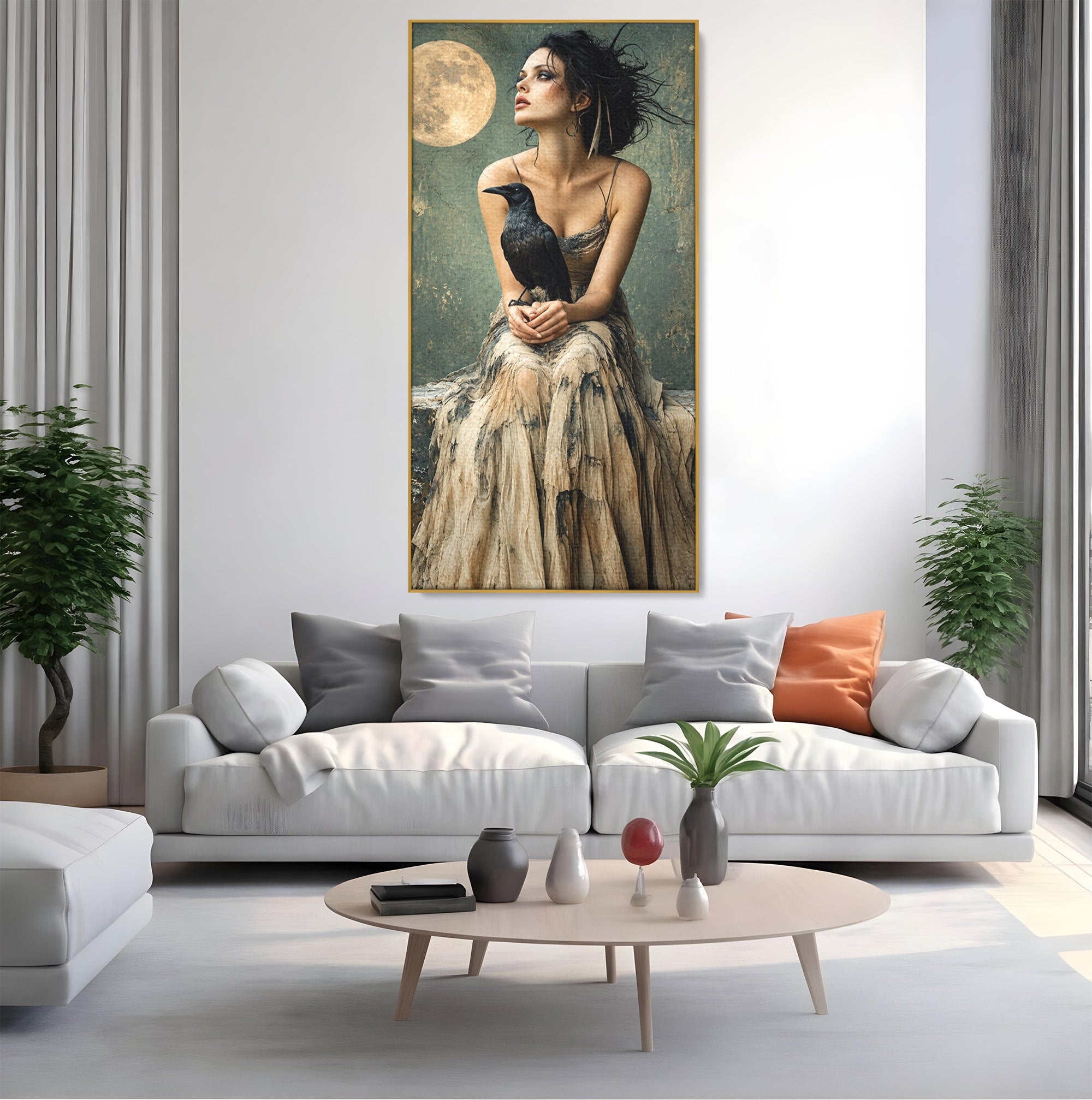 Tablou Canvas Premium LuxCanva® U1130, Femeie Cu Corb La Luna Plina, Noapte, Mister, Femeie, Corb, Luna, Living, Dormitor, Culori Vibrante