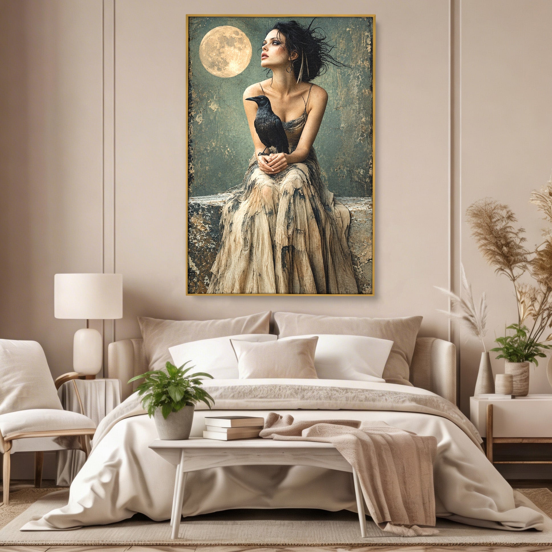 Tablou Canvas Premium LuxCanva® U1130, Femeie Cu Corb La Luna Plina, Noapte, Mister, Femeie, Corb, Luna, Living, Dormitor, Culori Vibrante