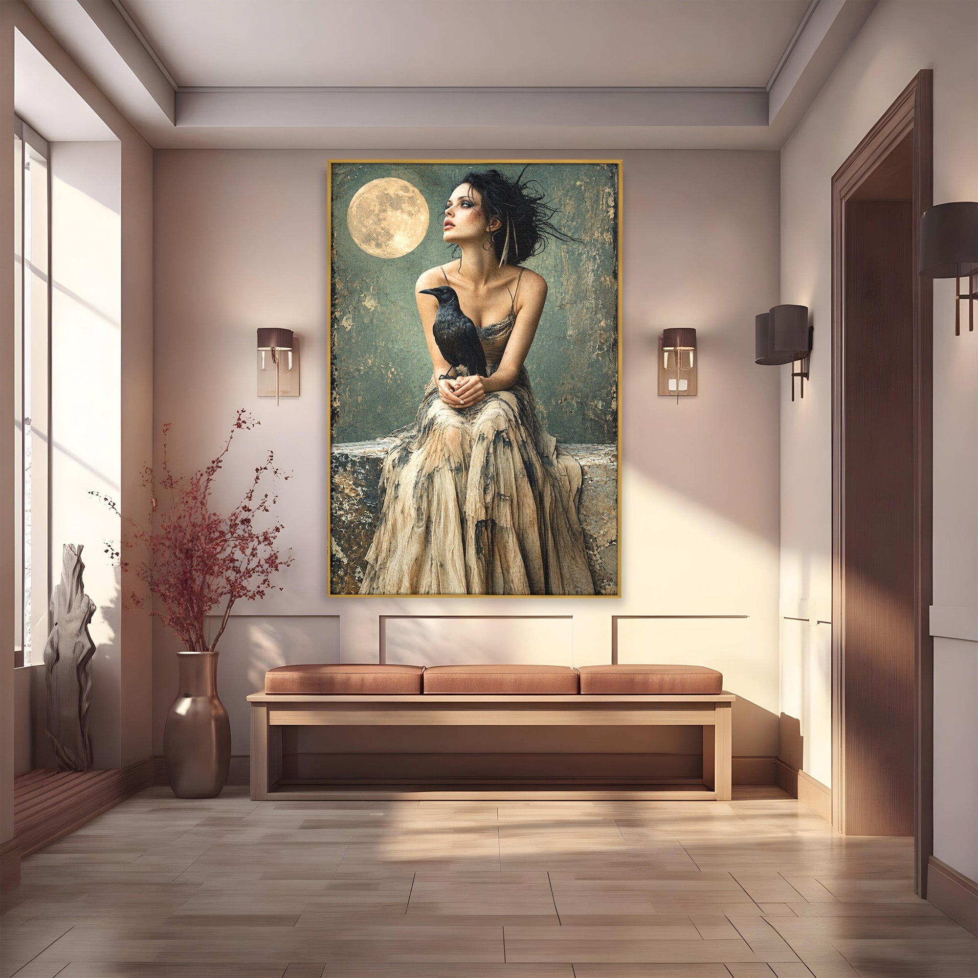 Tablou Canvas Premium LuxCanva® U1130, Femeie Cu Corb La Luna Plina, Noapte, Mister, Femeie, Corb, Luna, Living, Dormitor, Culori Vibrante