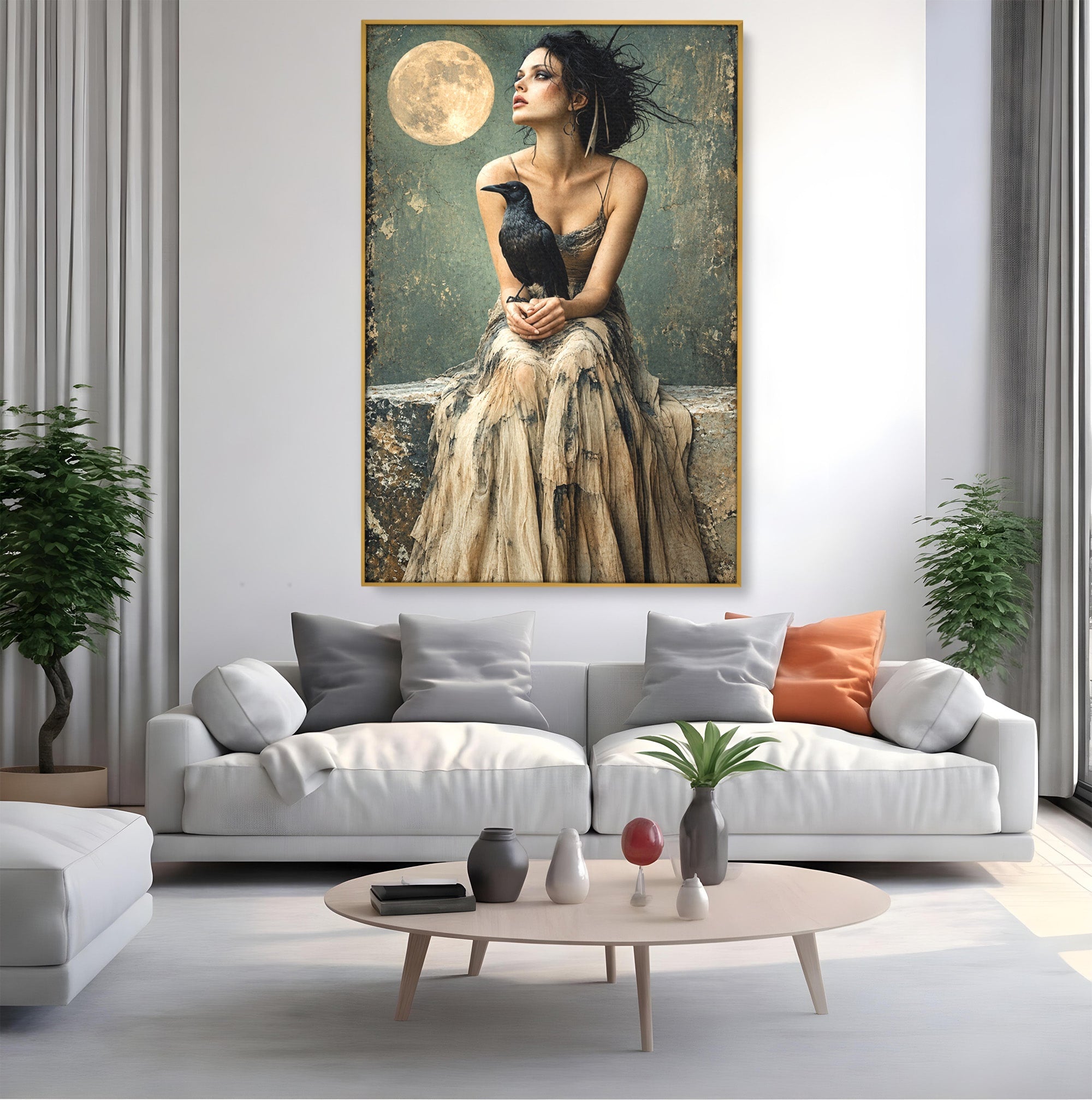 Tablou Canvas Premium LuxCanva® U1130, Femeie Cu Corb La Luna Plina, Noapte, Mister, Femeie, Corb, Luna, Living, Dormitor, Culori Vibrante