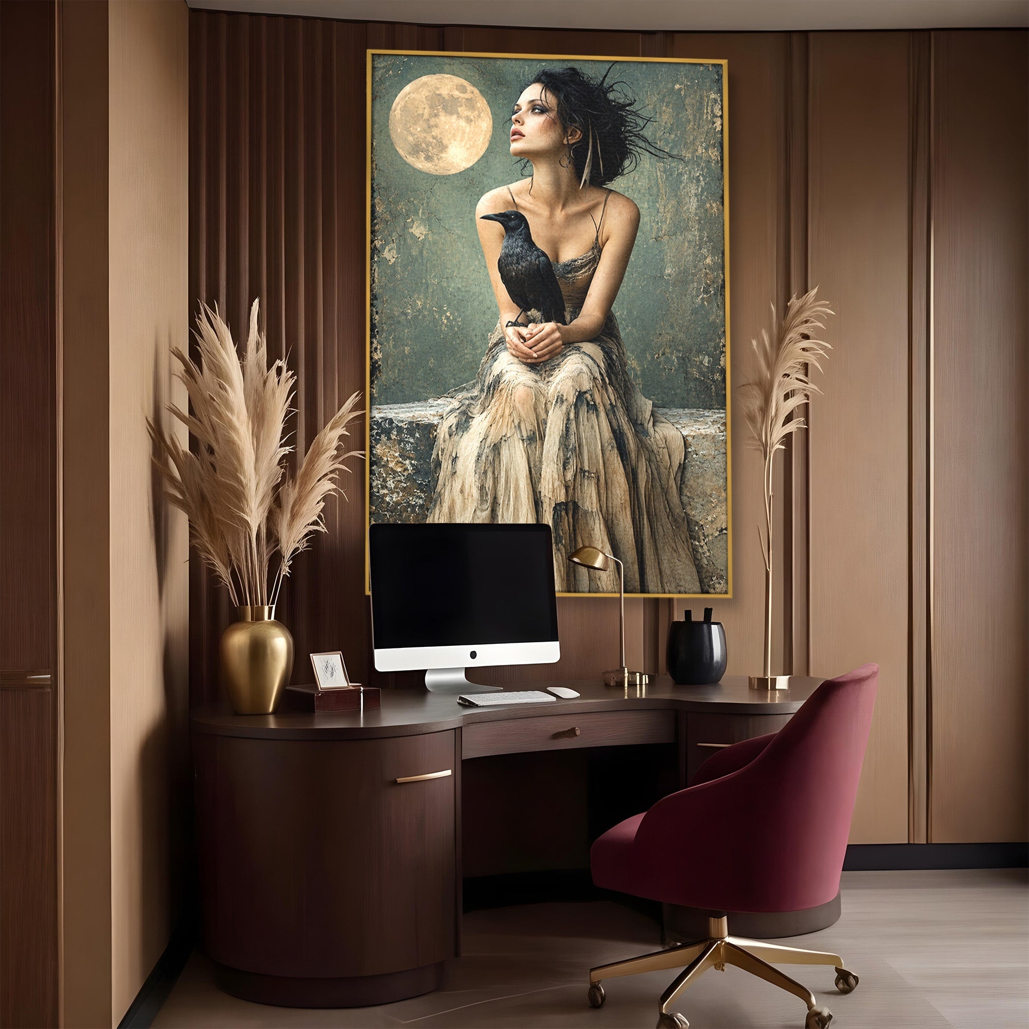 Tablou Canvas Premium LuxCanva® U1130, Femeie Cu Corb La Luna Plina, Noapte, Mister, Femeie, Corb, Luna, Living, Dormitor, Culori Vibrante