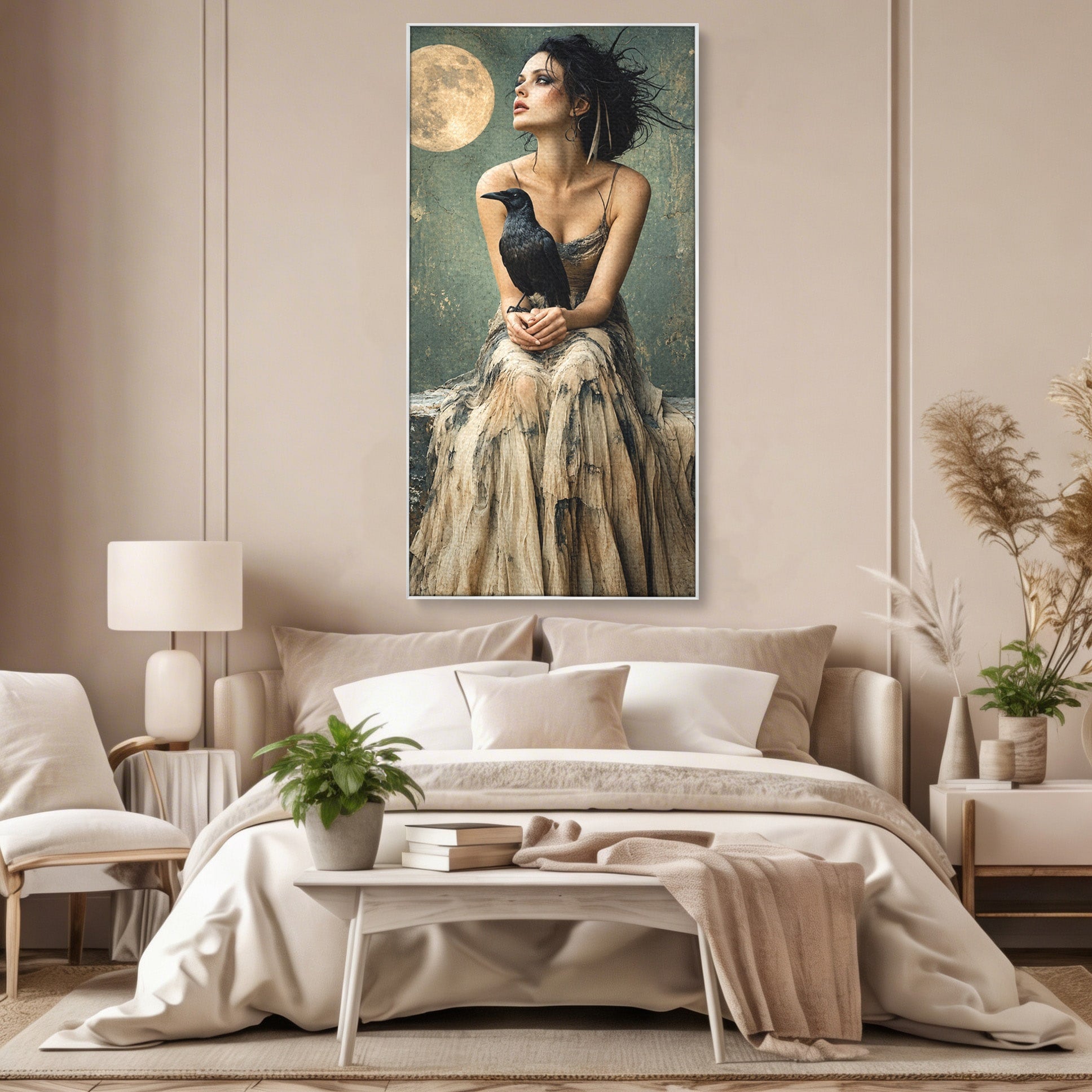Tablou Canvas Premium LuxCanva® U1130, Femeie Cu Corb La Luna Plina, Noapte, Mister, Femeie, Corb, Luna, Living, Dormitor, Culori Vibrante