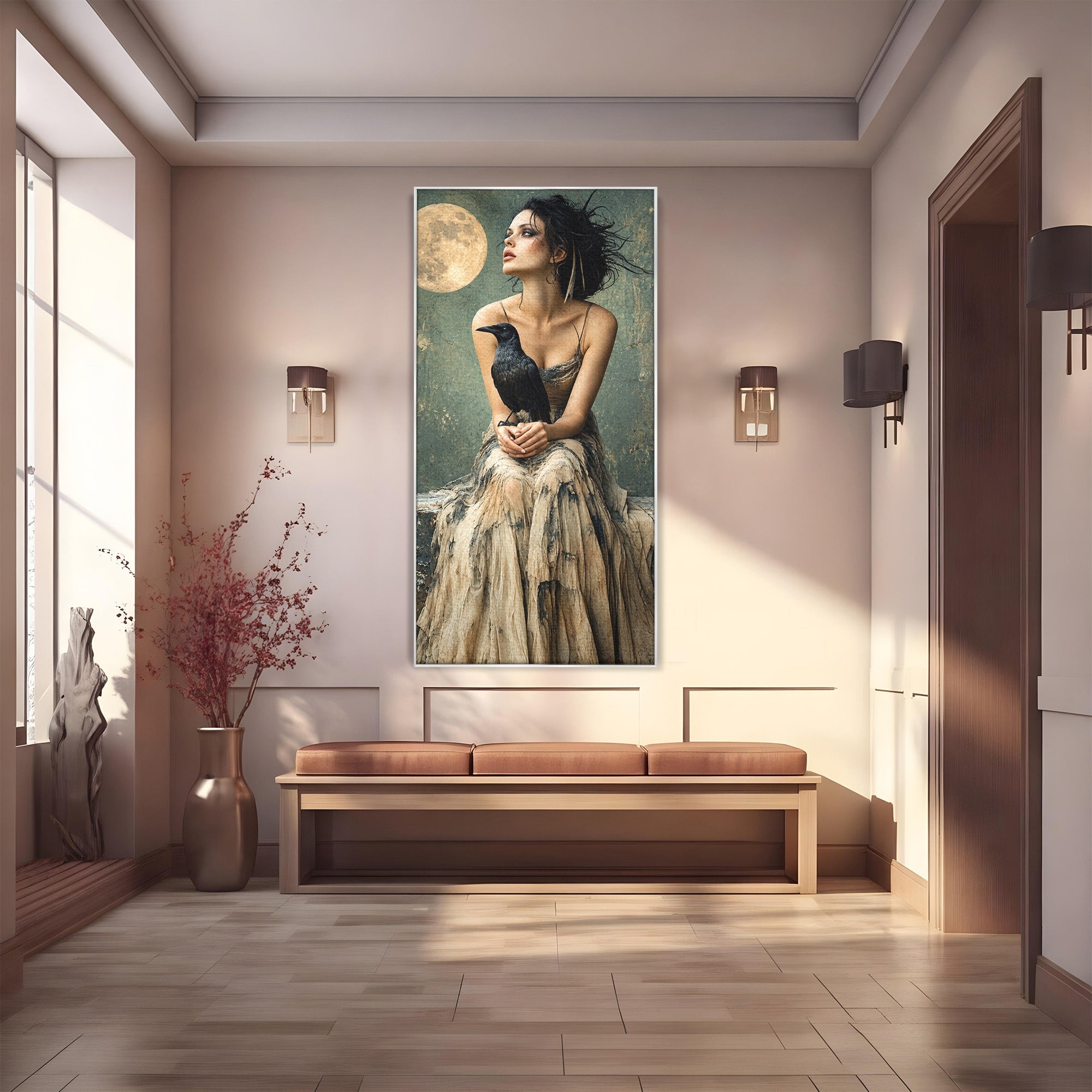 Tablou Canvas Premium LuxCanva® U1130, Femeie Cu Corb La Luna Plina, Noapte, Mister, Femeie, Corb, Luna, Living, Dormitor, Culori Vibrante