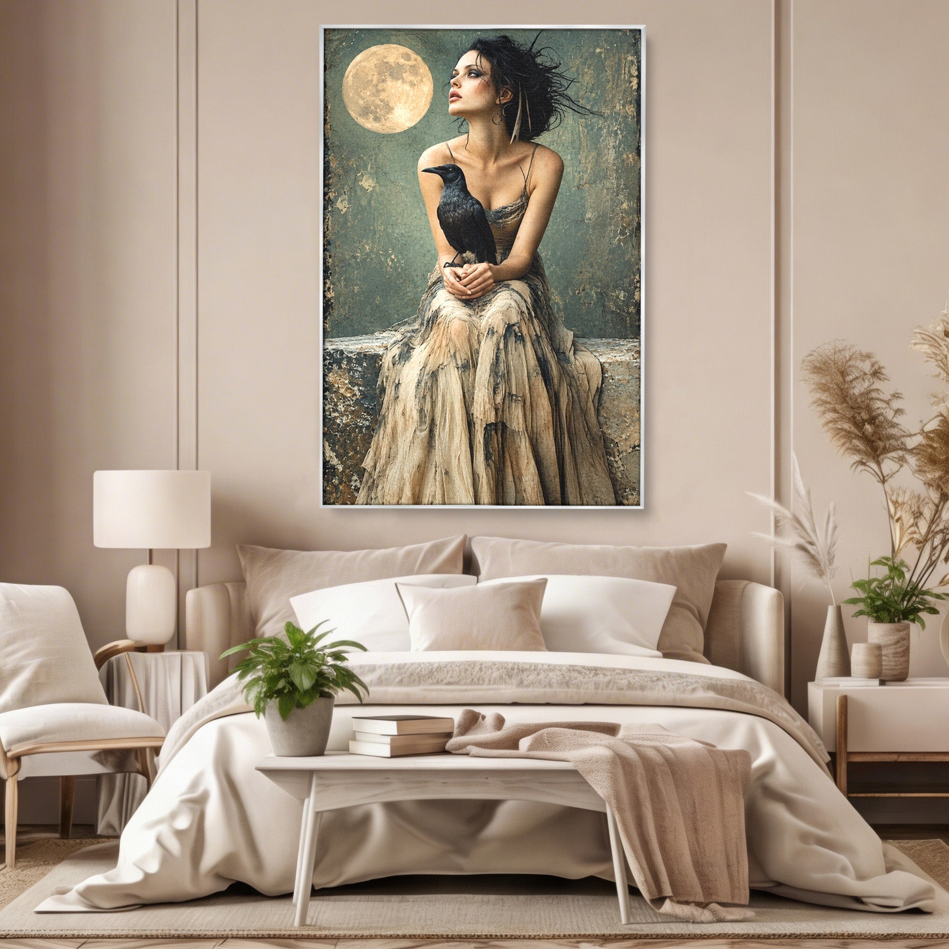 Tablou Canvas Premium LuxCanva® U1130, Femeie Cu Corb La Luna Plina, Noapte, Mister, Femeie, Corb, Luna, Living, Dormitor, Culori Vibrante
