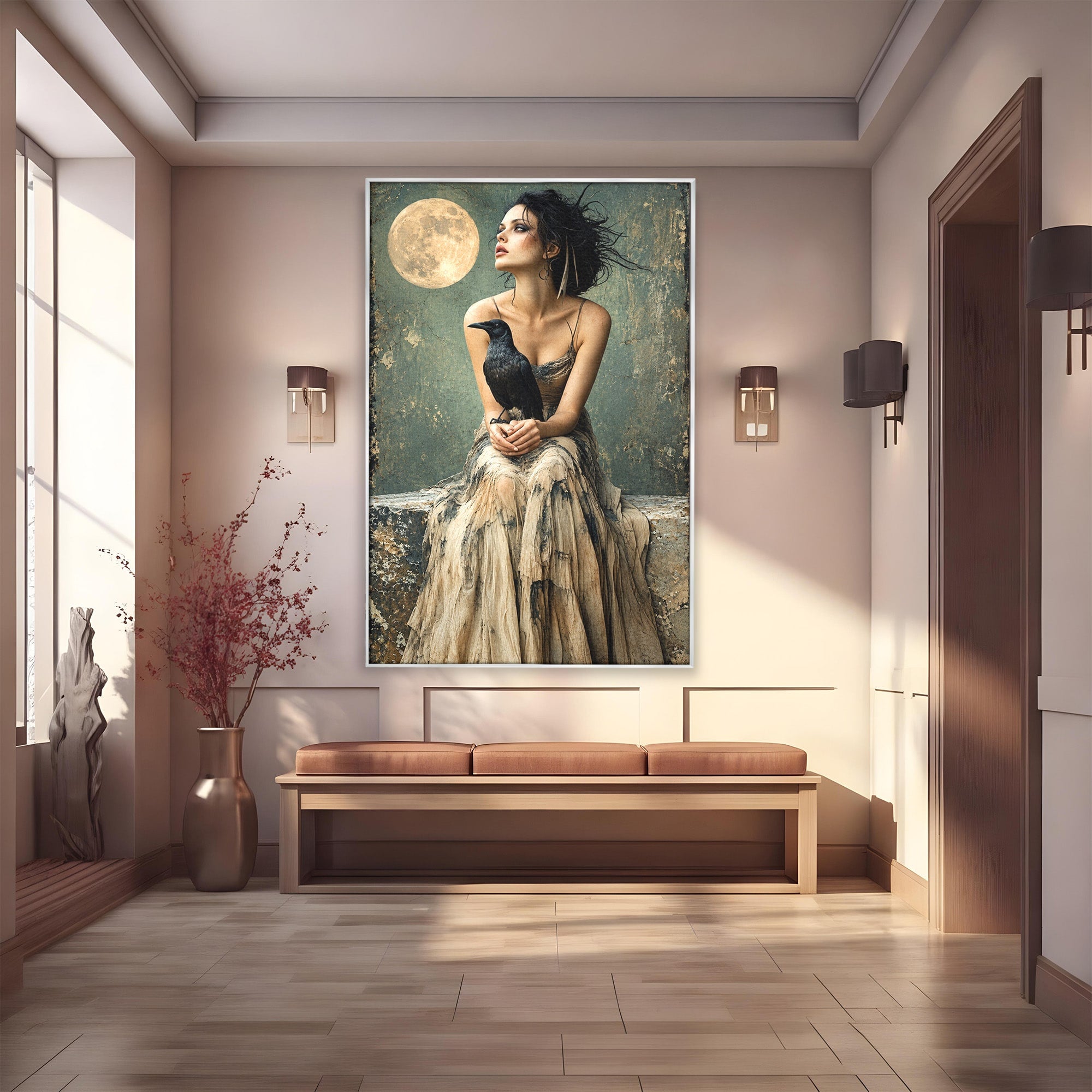 Tablou Canvas Premium LuxCanva® U1130, Femeie Cu Corb La Luna Plina, Noapte, Mister, Femeie, Corb, Luna, Living, Dormitor, Culori Vibrante