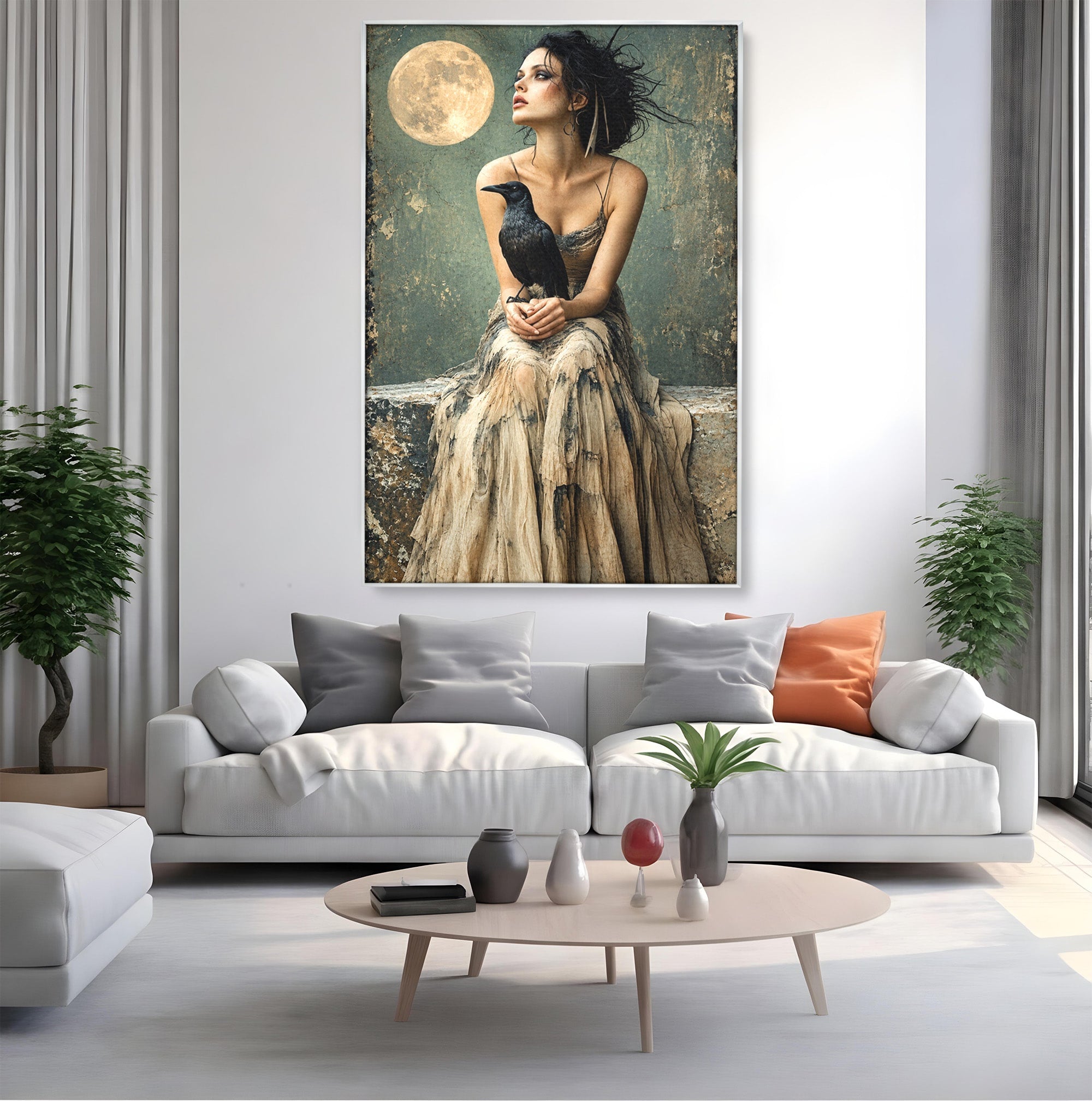 Tablou Canvas Premium LuxCanva® U1130, Femeie Cu Corb La Luna Plina, Noapte, Mister, Femeie, Corb, Luna, Living, Dormitor, Culori Vibrante