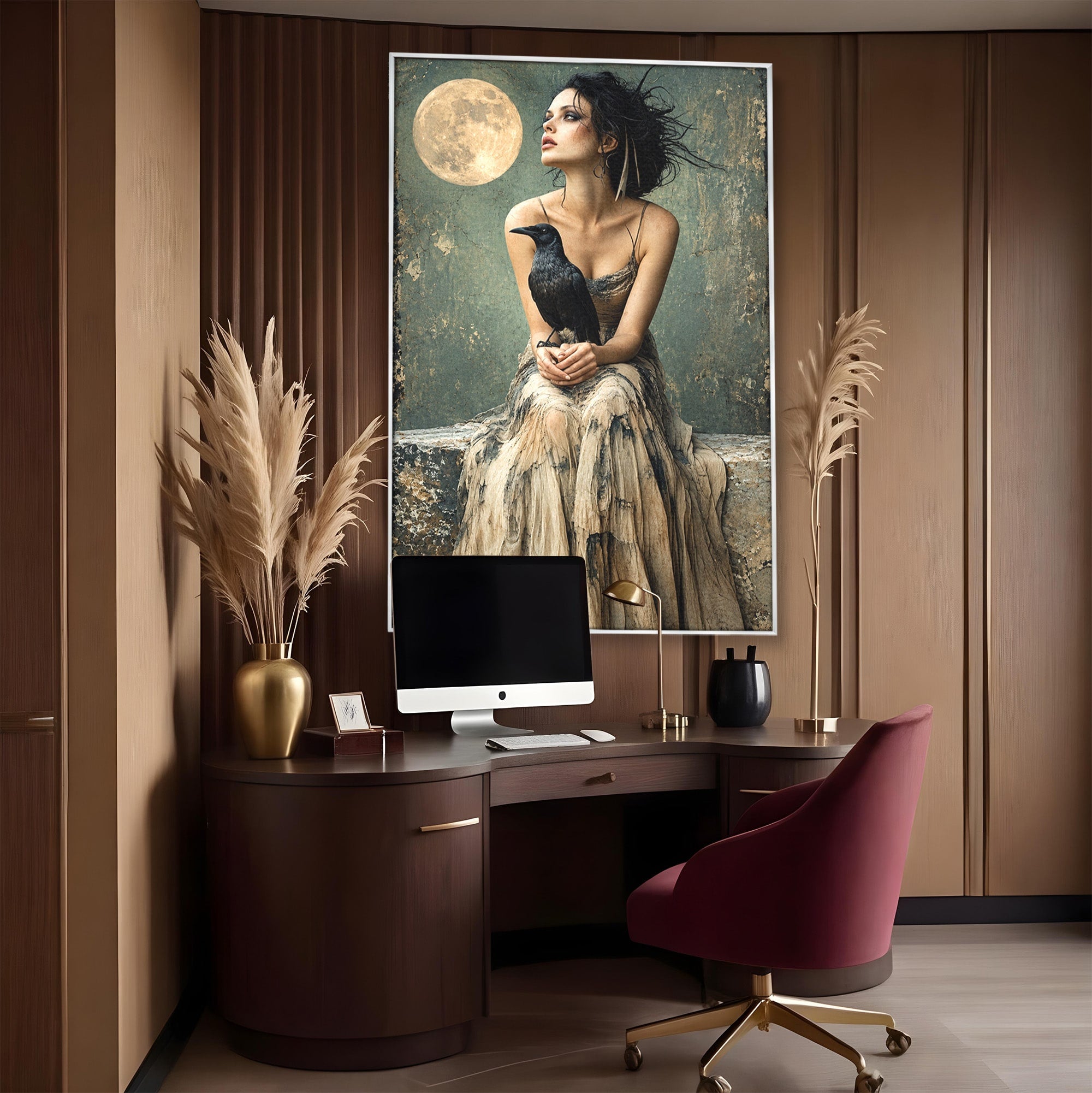 Tablou Canvas Premium LuxCanva® U1130, Femeie Cu Corb La Luna Plina, Noapte, Mister, Femeie, Corb, Luna, Living, Dormitor, Culori Vibrante