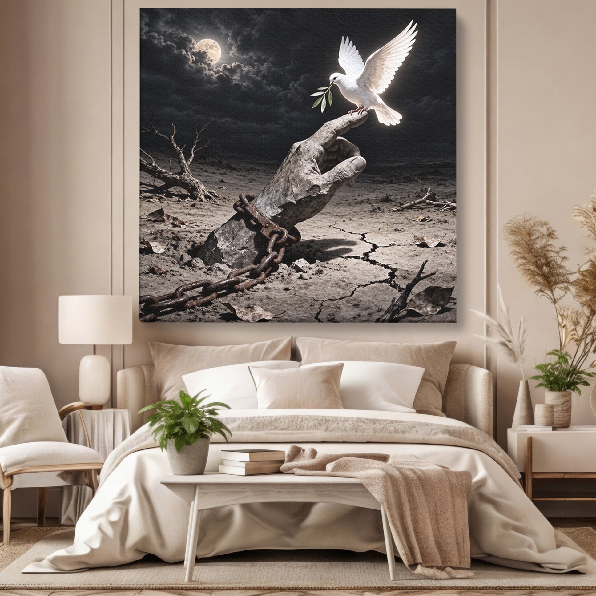 Tablou Canvas Premium LuxCanva® U1131, Mana Si Porumbelul Pacii,  Noapte, Mana, Porumbel, Pace, Living, Culori Vibrante