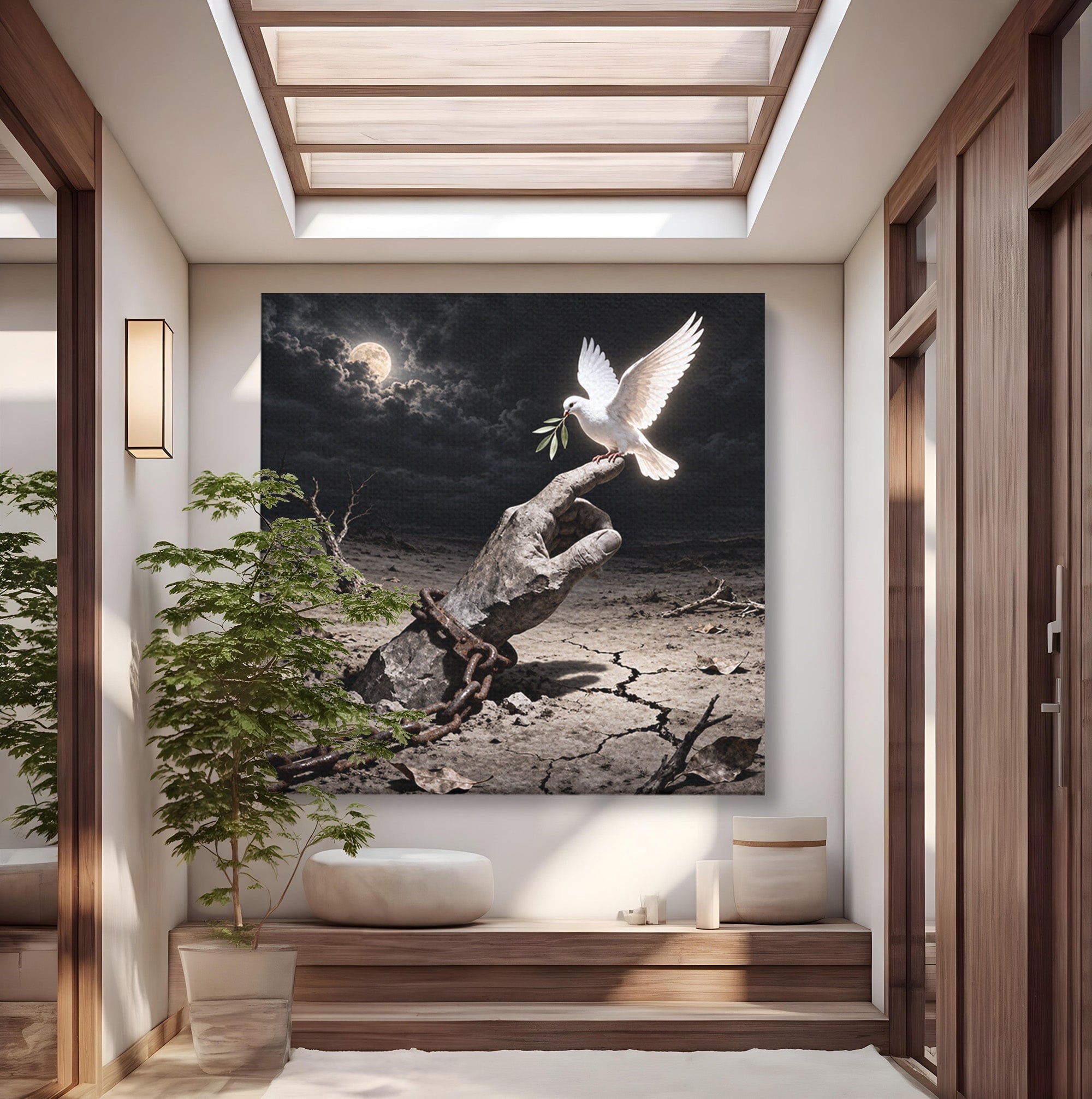 Tablou Canvas Premium LuxCanva® U1131, Mana Si Porumbelul Pacii,  Noapte, Mana, Porumbel, Pace, Living, Culori Vibrante