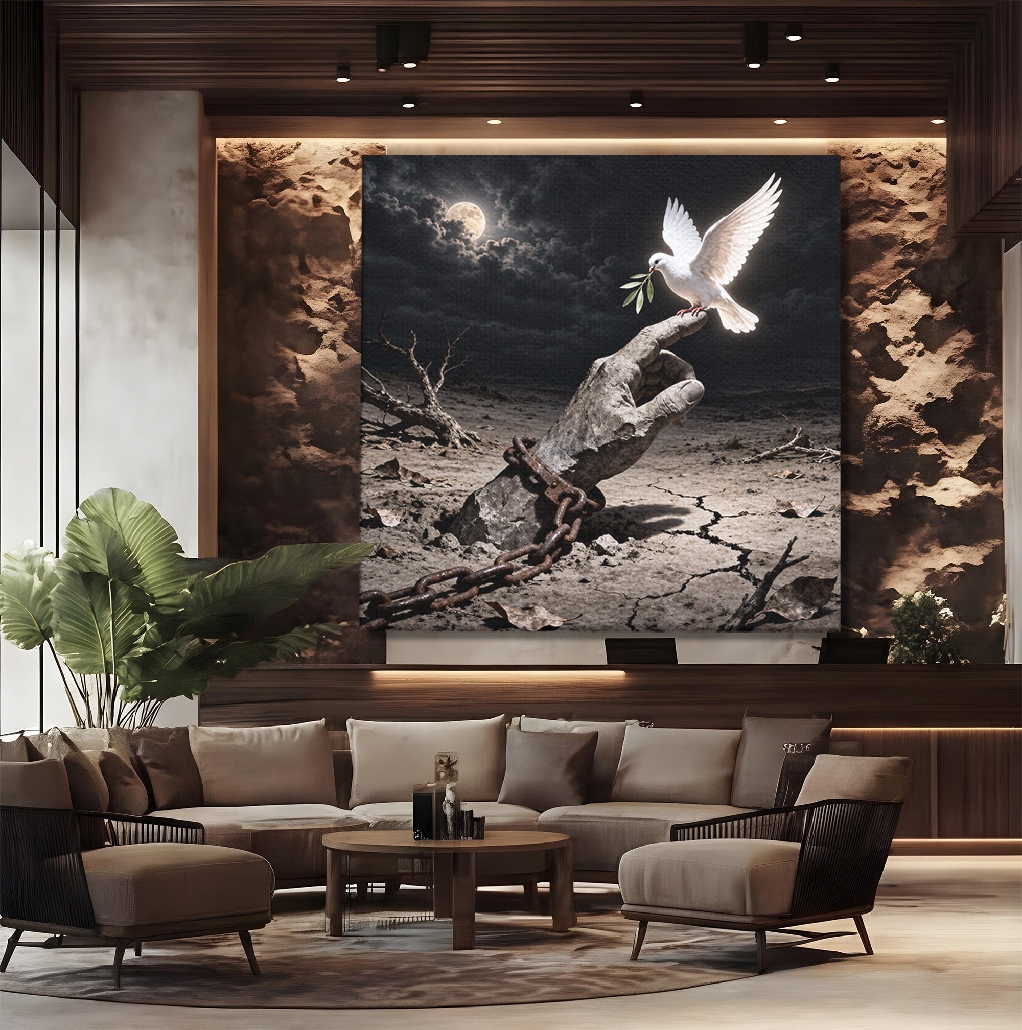 Tablou Canvas Premium LuxCanva® U1131, Mana Si Porumbelul Pacii,  Noapte, Mana, Porumbel, Pace, Living, Culori Vibrante
