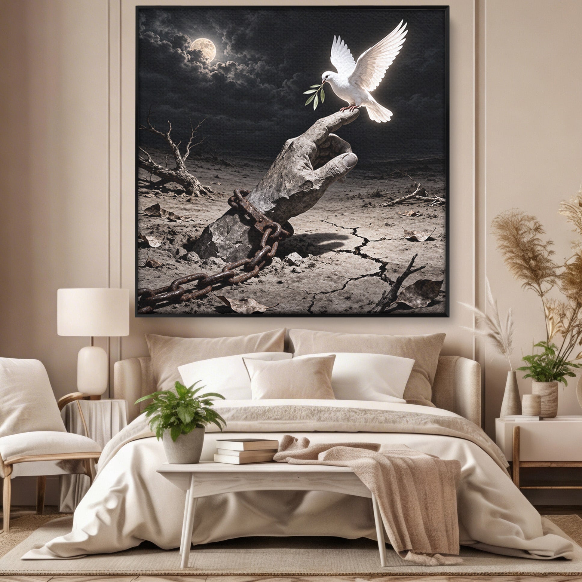 Tablou Canvas Premium LuxCanva® U1131, Mana Si Porumbelul Pacii,  Noapte, Mana, Porumbel, Pace, Living, Culori Vibrante