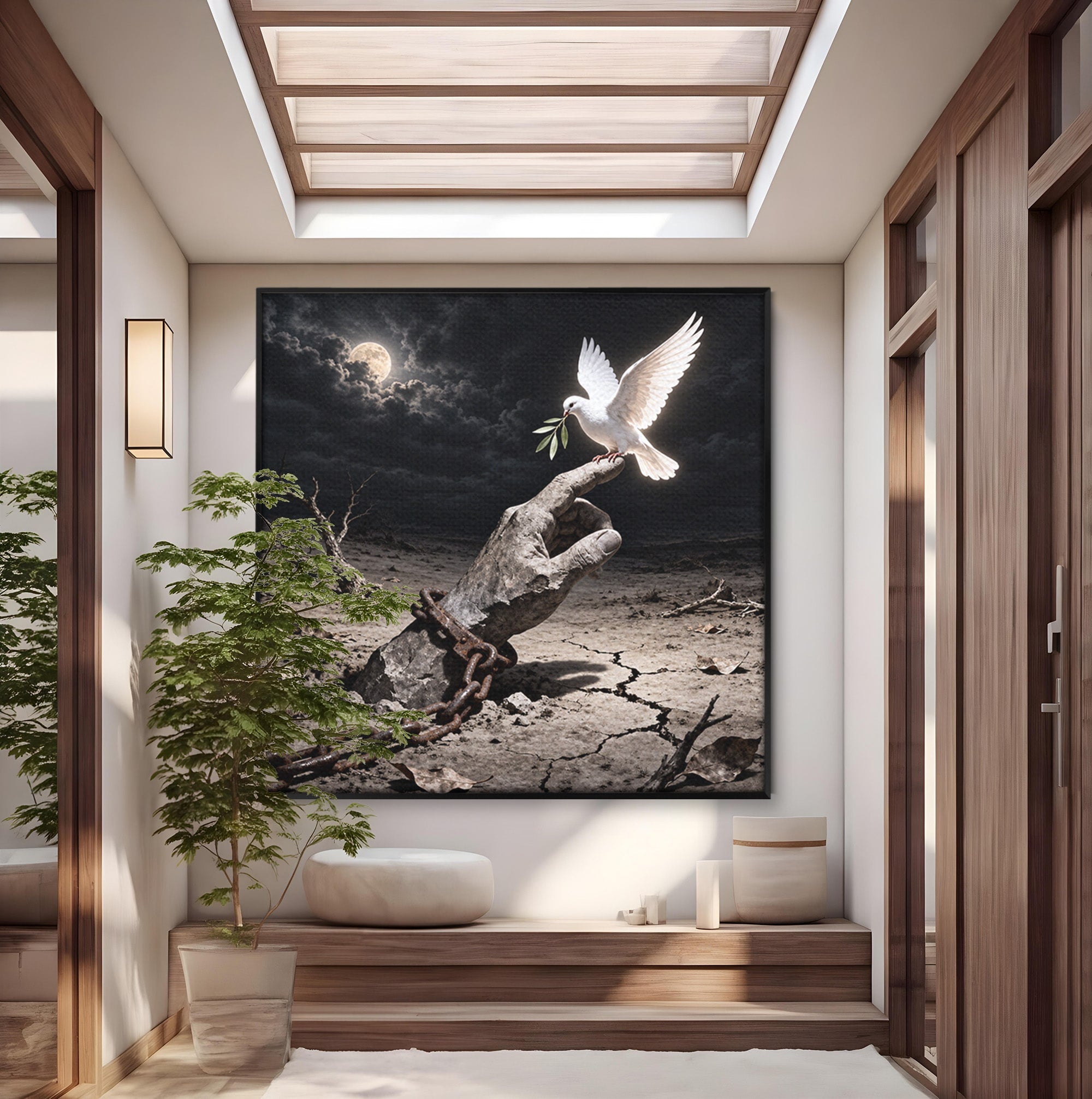 Tablou Canvas Premium LuxCanva® U1131, Mana Si Porumbelul Pacii,  Noapte, Mana, Porumbel, Pace, Living, Culori Vibrante