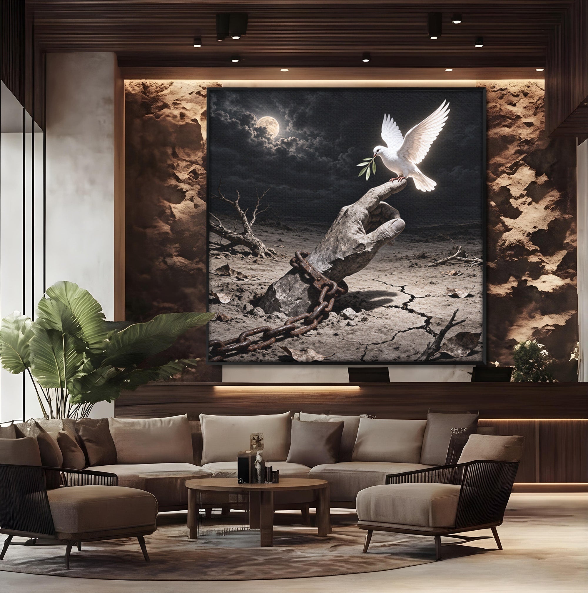 Tablou Canvas Premium LuxCanva® U1131, Mana Si Porumbelul Pacii,  Noapte, Mana, Porumbel, Pace, Living, Culori Vibrante