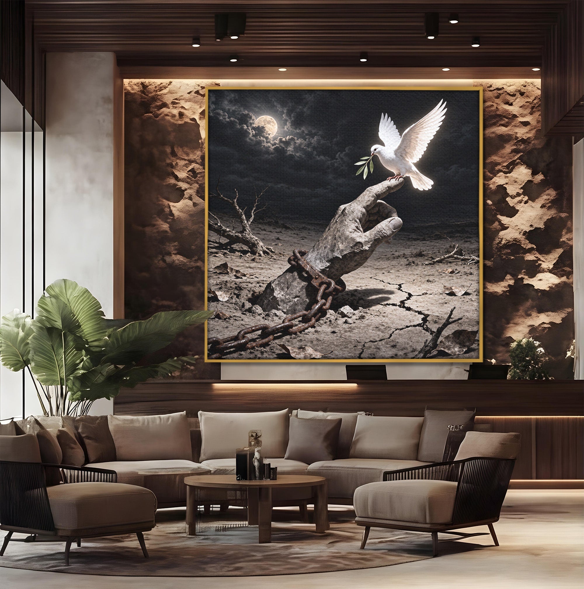 Tablou Canvas Premium LuxCanva® U1131, Mana Si Porumbelul Pacii,  Noapte, Mana, Porumbel, Pace, Living, Culori Vibrante