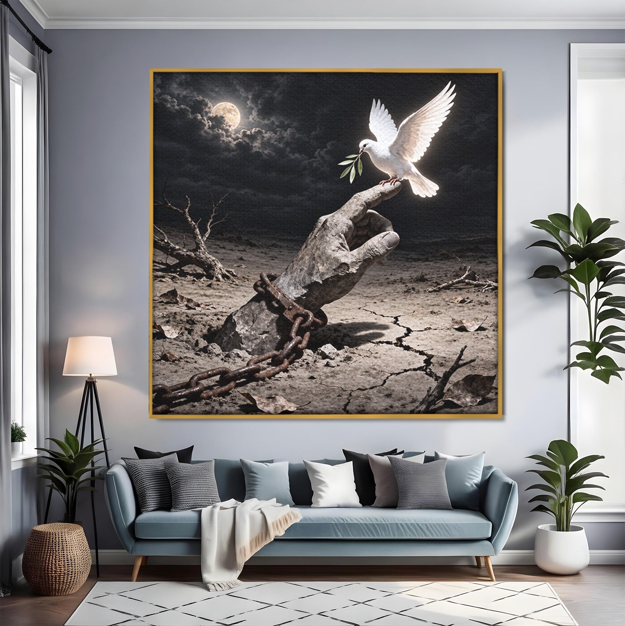 Tablou Canvas Premium LuxCanva® U1131, Mana Si Porumbelul Pacii,  Noapte, Mana, Porumbel, Pace, Living, Culori Vibrante