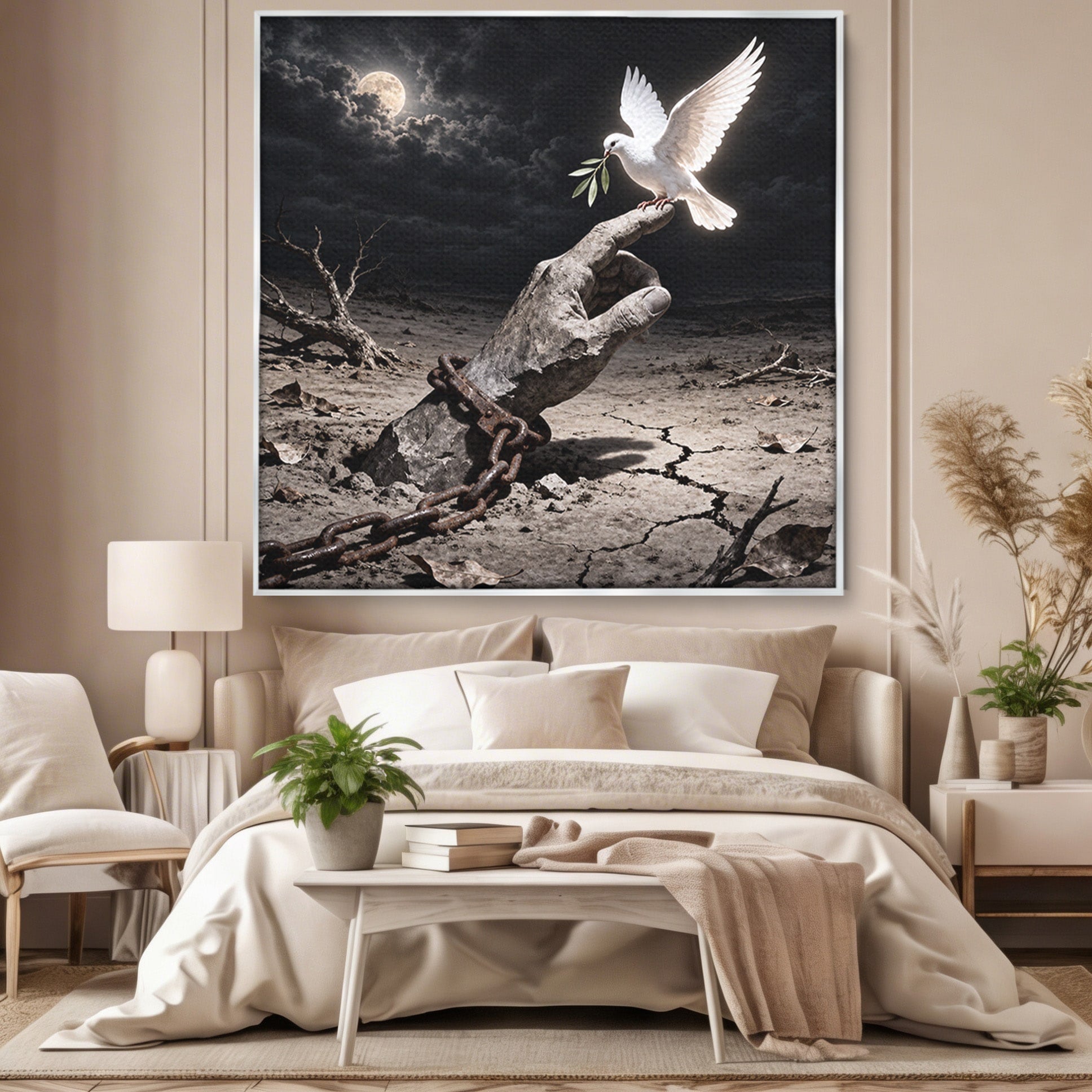 Tablou Canvas Premium LuxCanva® U1131, Mana Si Porumbelul Pacii,  Noapte, Mana, Porumbel, Pace, Living, Culori Vibrante