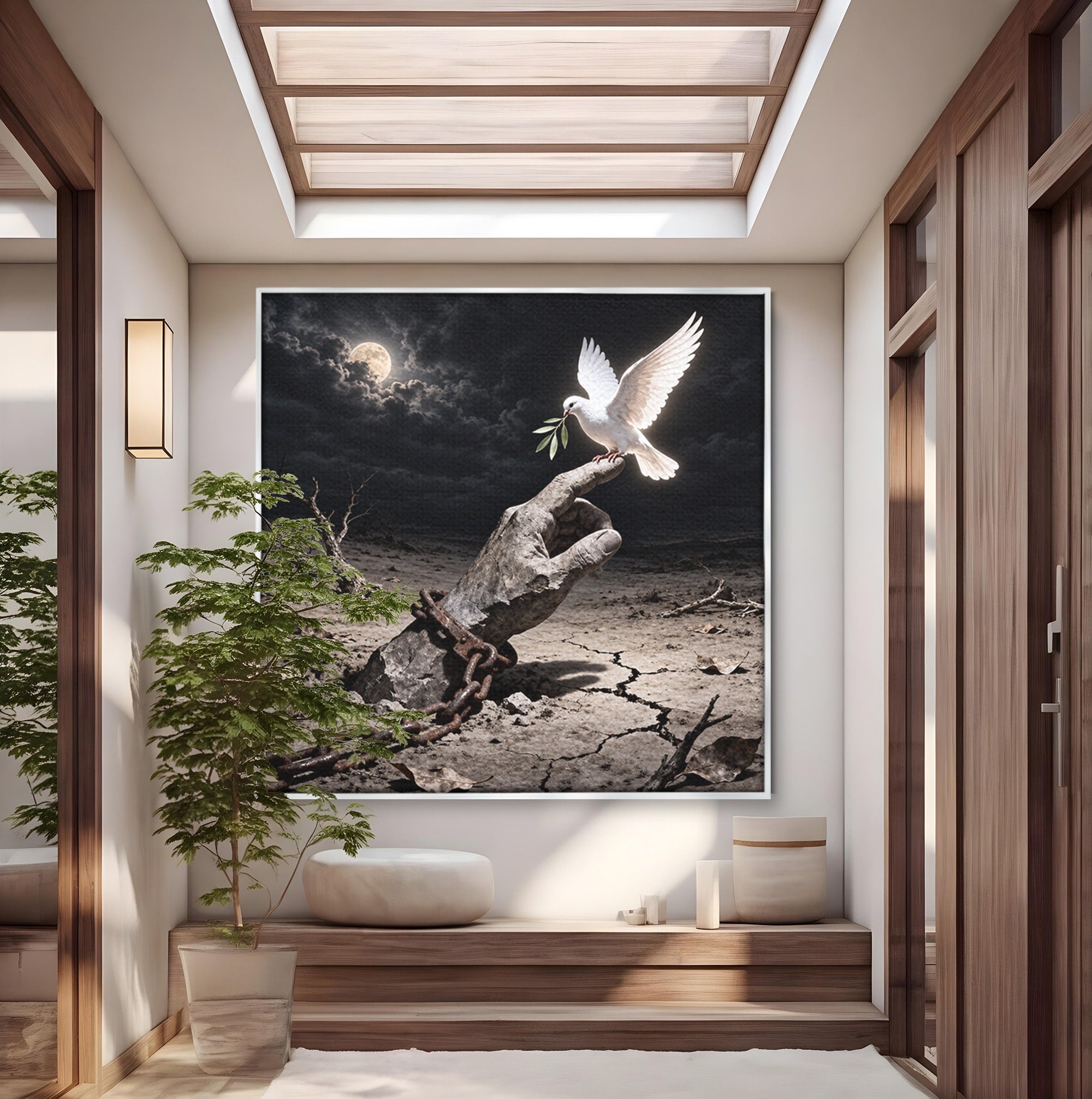 Tablou Canvas Premium LuxCanva® U1131, Mana Si Porumbelul Pacii,  Noapte, Mana, Porumbel, Pace, Living, Culori Vibrante