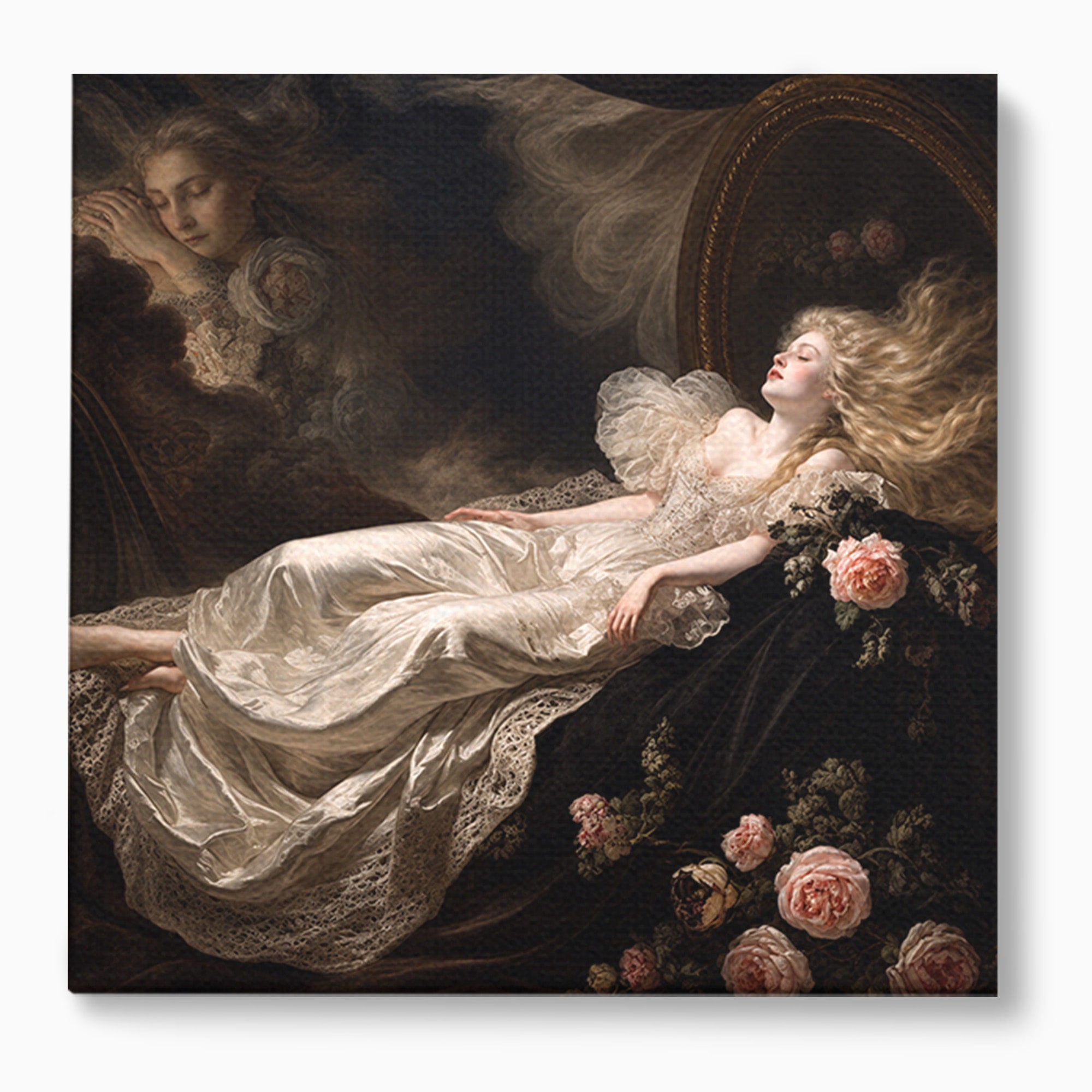 Tablou Canvas Premium LuxCanva® U1133, Visul Romantic, Femeie, Eleganta, Visare, Romantic, Dormitor, Culori Vibrante